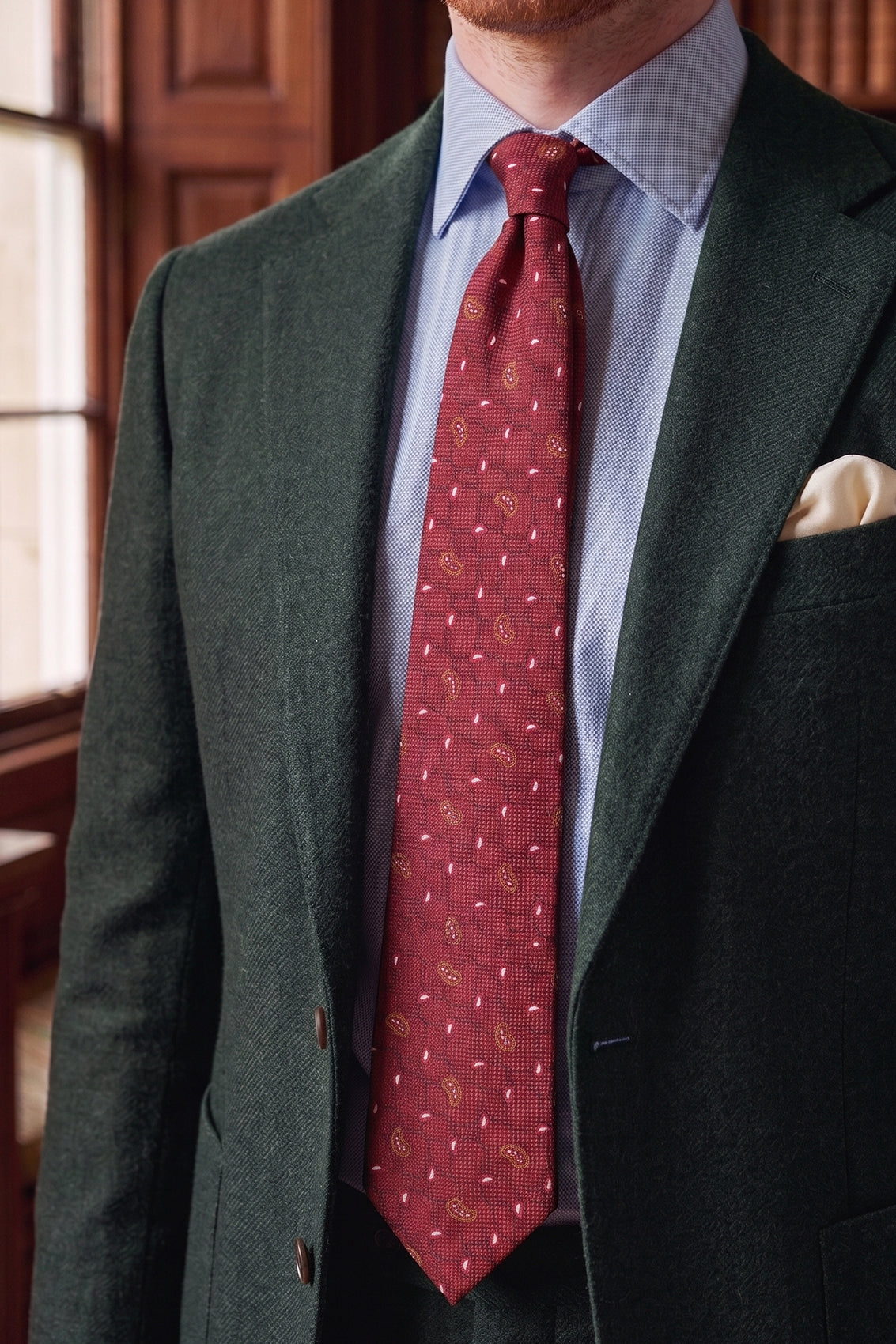 Oswin Hyde Paisley Geometric Bordo tie for men, designed with intricate paisley and geometric patterns in a rich bordo colour.