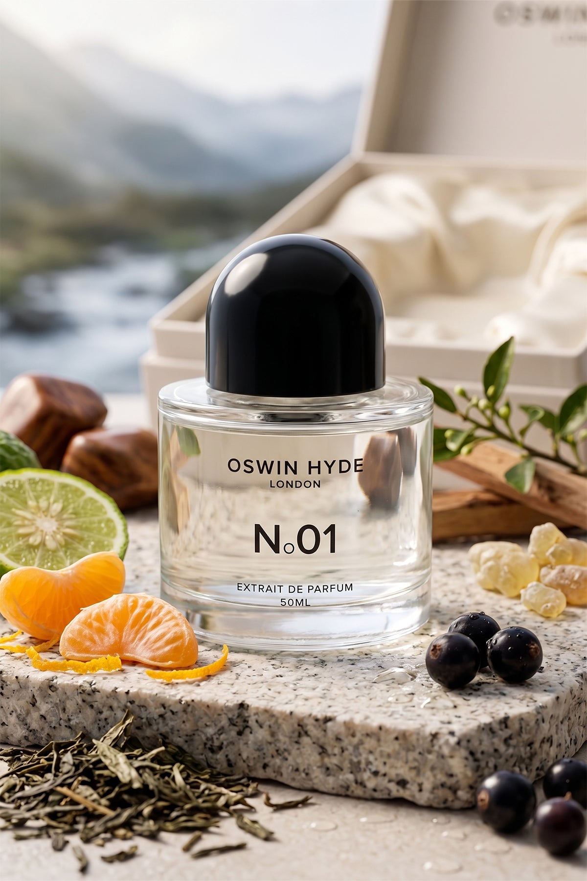 Oswin Hyde London No.01 Extrait de Parfum bottle on a stone surface, surrounded by fresh citrus, dark berries, green tea leaves, and woody fragrance notes.