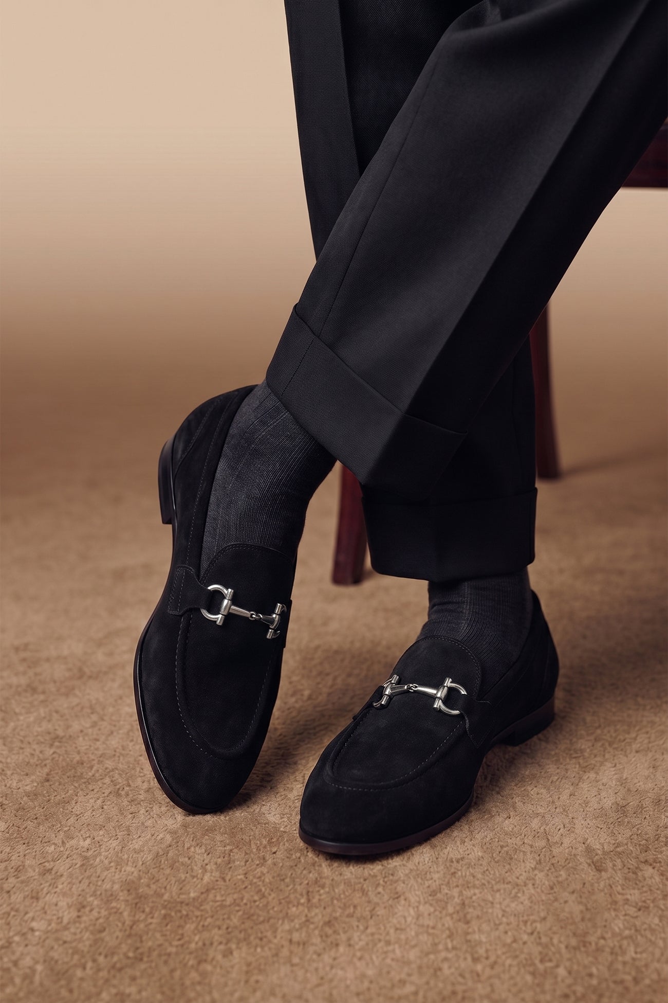 Oswin Hyde Nigel black suede loafer with small silver horsebit detail on the vamp