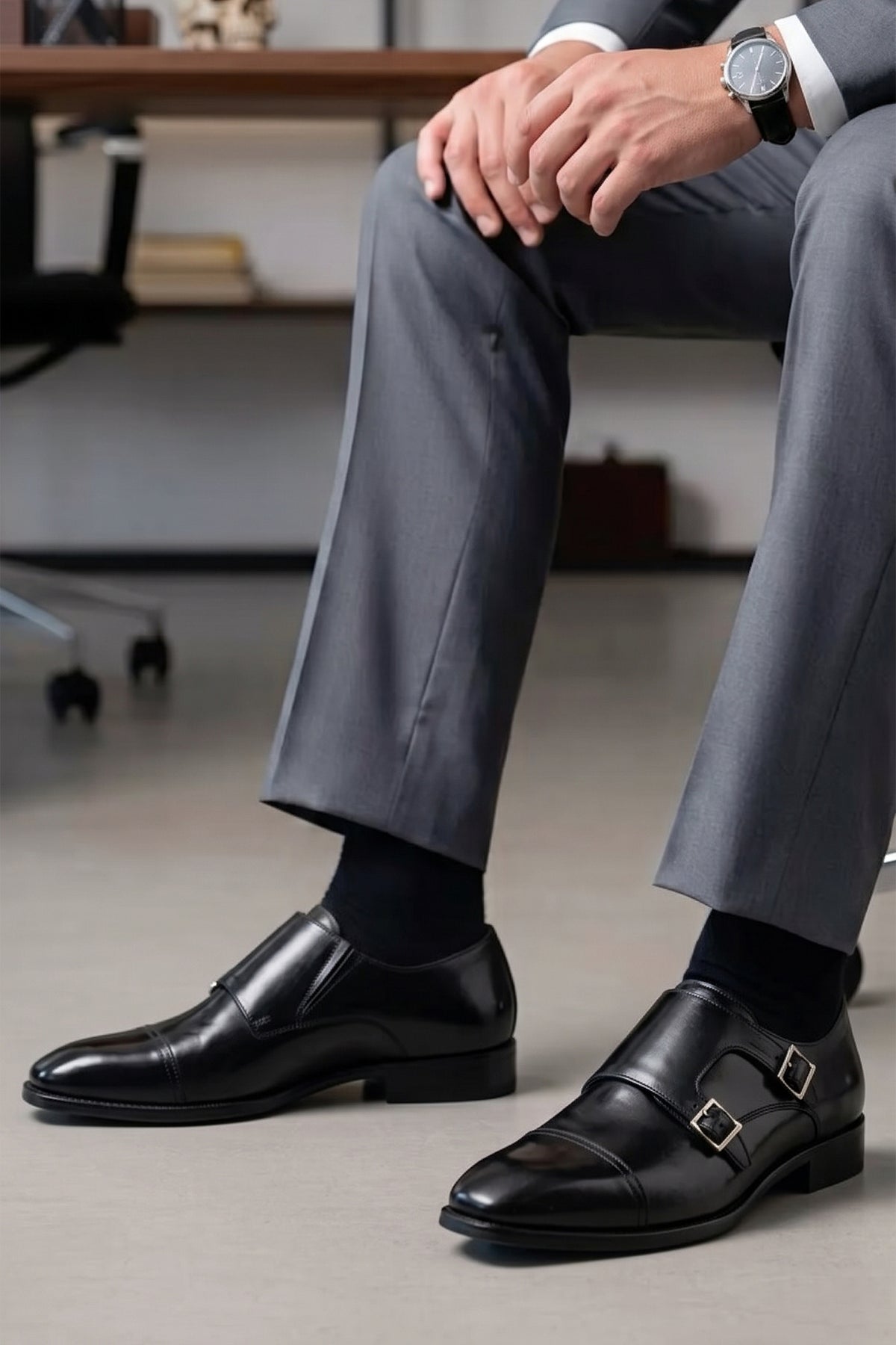Men's Rolf Black leather double monk strap dress shoes by Oswin Hyde featuring polished black leather and dual buckle straps.