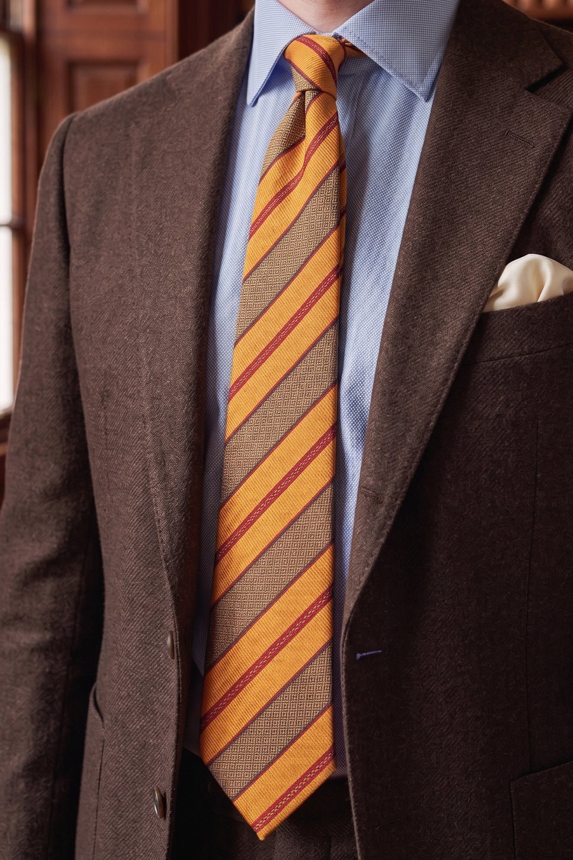 Vintage Copper Stripes tie for men featuring warm copper stripes that create a striking contrast, crafted for a versatile and stylish addition to formal or smart-casual outfits.