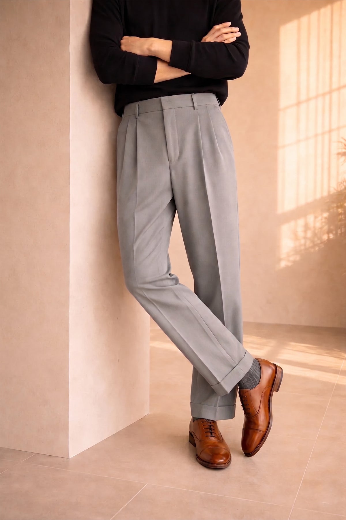 Model wearing Wilson tan leather Oxford shoes for men with five-eyelet toecap design, showcasing timeless elegance and polished craftsmanship