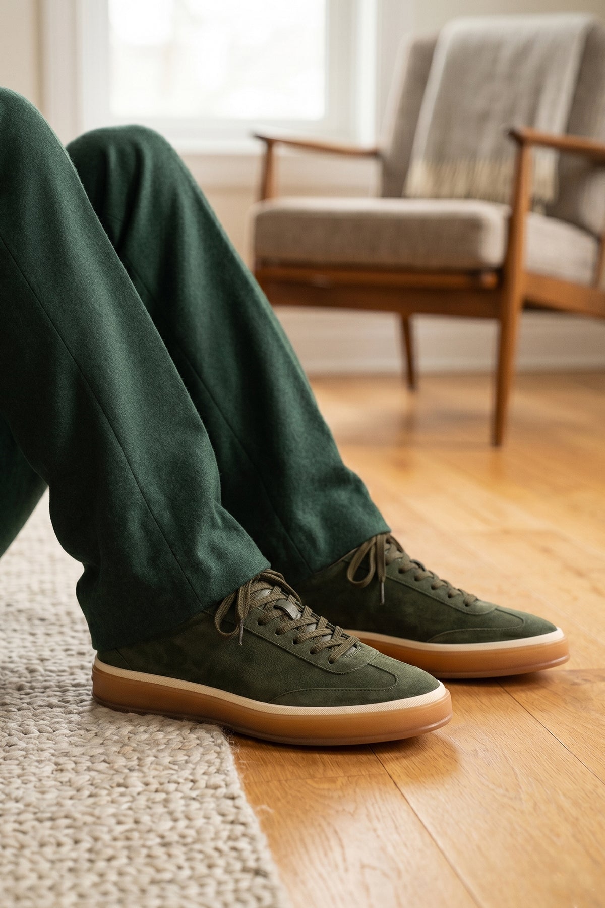 Model wearing Smith green suede men's sneakers with a sleek seven-eyelet design, crafted from premium suede for a modern, sophisticated look and comfortable fit