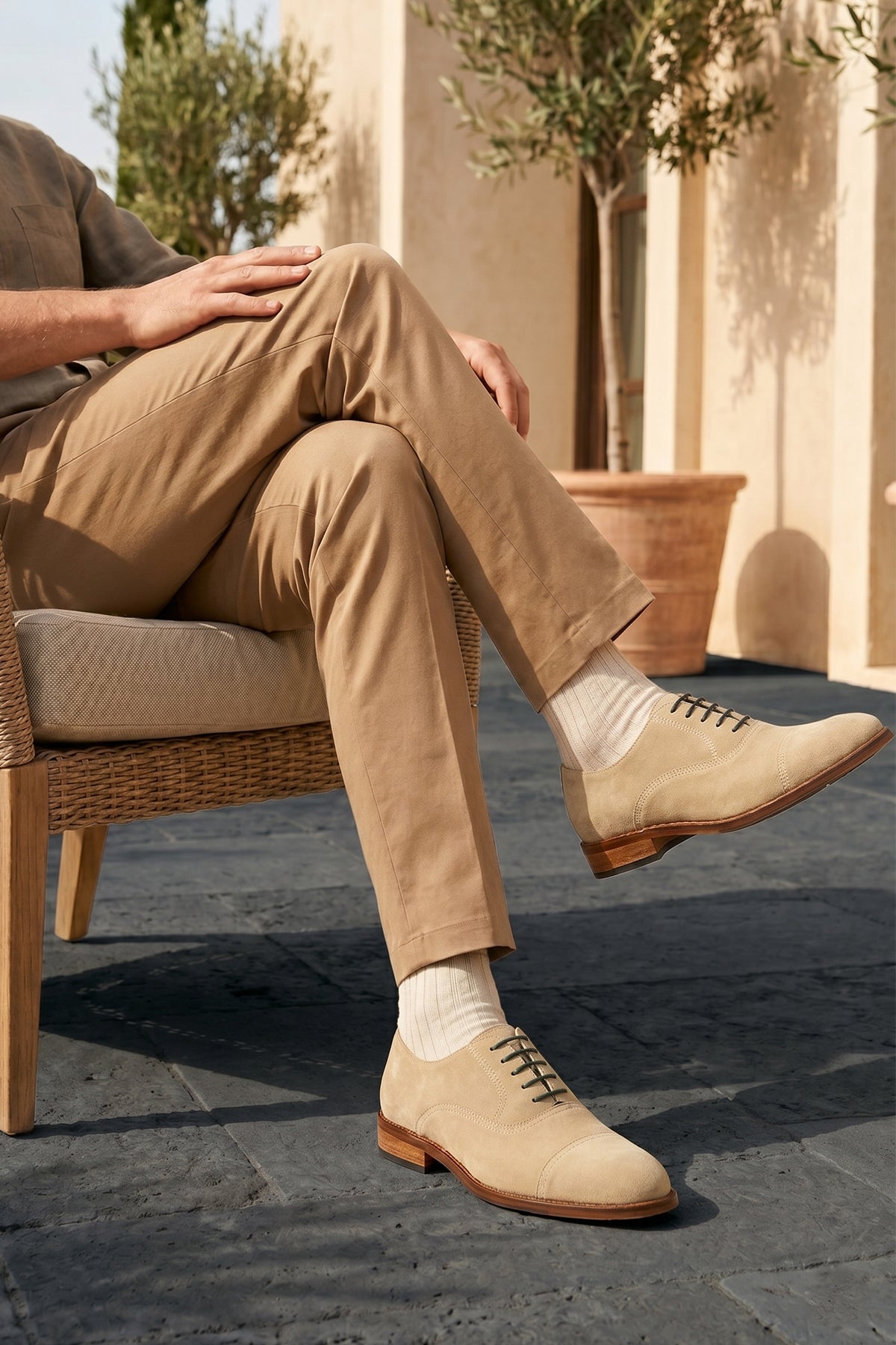 Model wearing Elise Sand Suede Oxford Shoe | Oswin Hyde