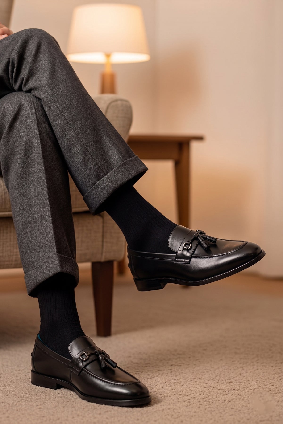 Model earing Emmet black leather loafers for men with trim and tassel detail, crafted from premium leather for refined casual and formal wear.