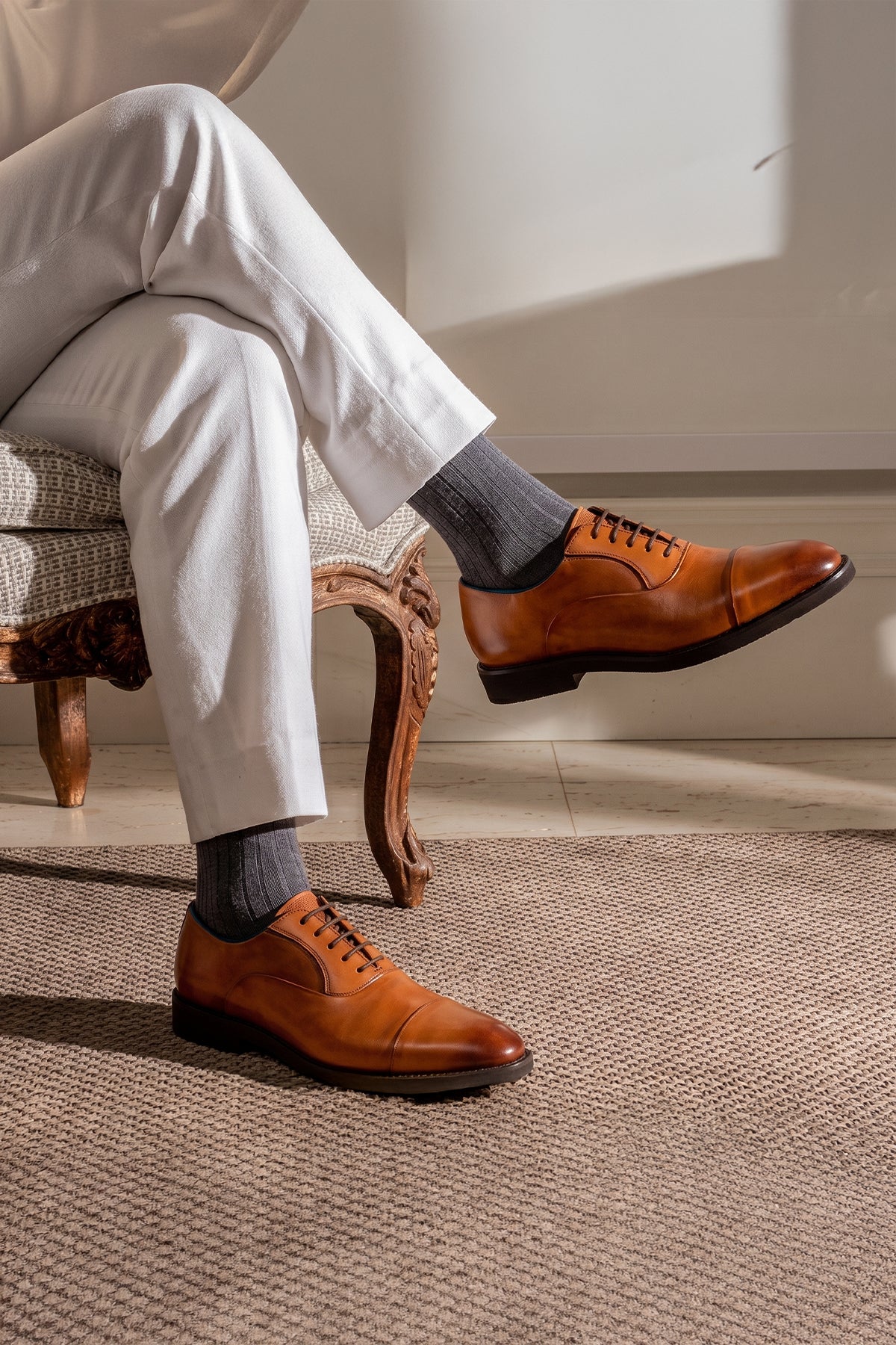 Grayson tan Derby leather shoes for men featuring five eyelets, smooth finish, classic round toe, and stitched leather sole—perfect for smart occasions.