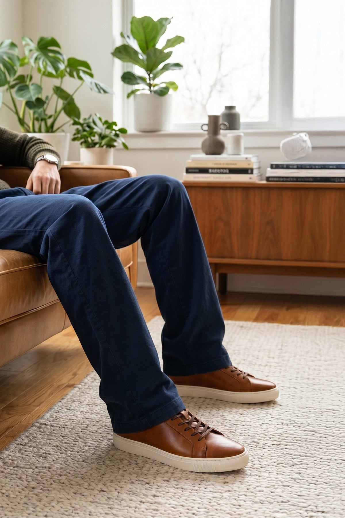 Model wearing Harper tan leather men’s classic trainers featuring premium leather and sleek design, ideal for smart casual and everyday wear.