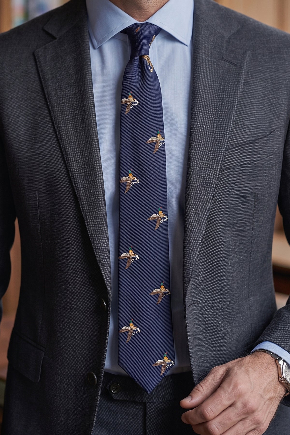 Man wearing the Mallard Navy Silk Tie, navy with mallard ducks