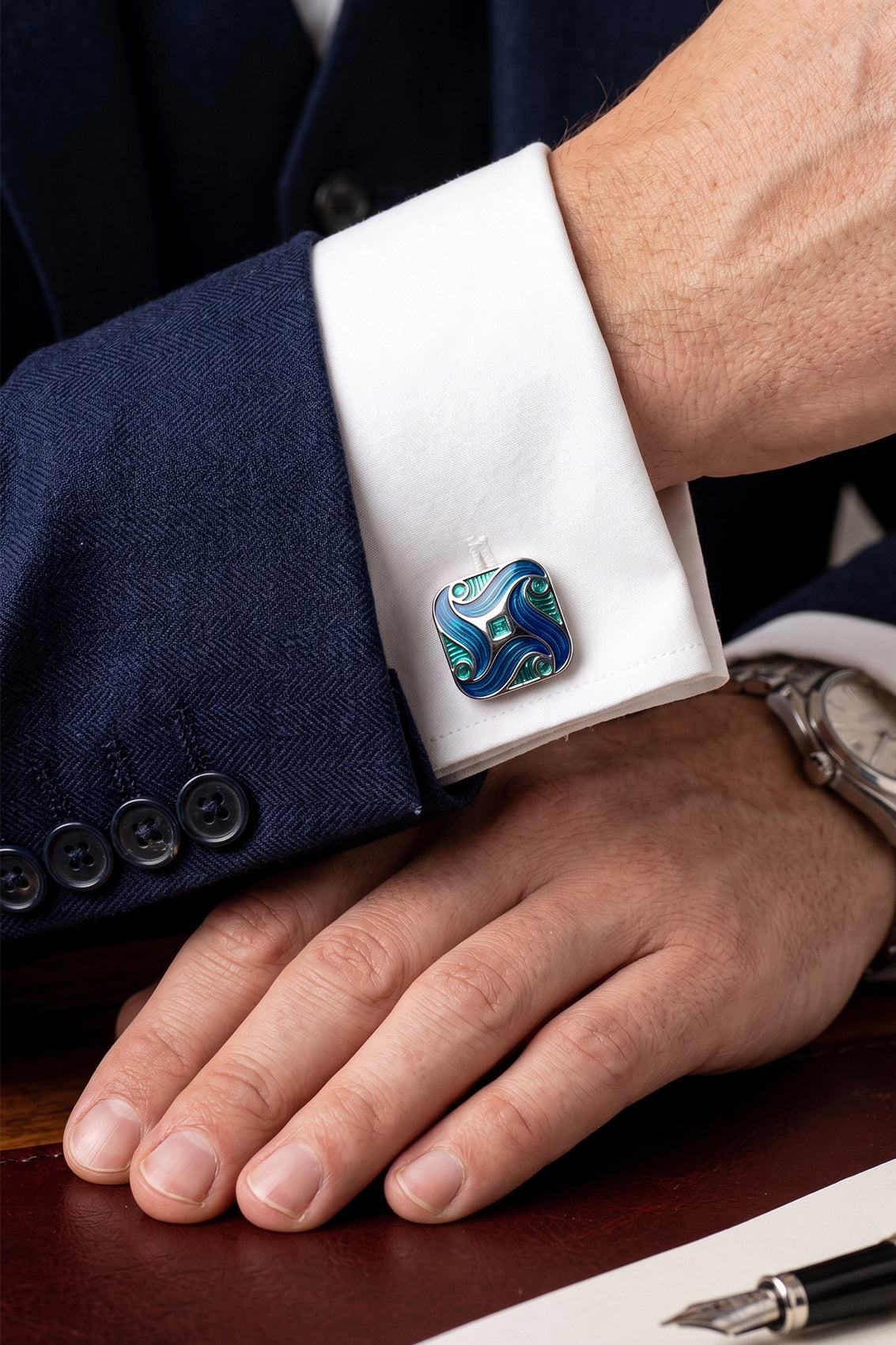 Eric Turquoise Men’s Cufflinks with bold enamel finish and polished detailing, ideal for weddings and formal attire.