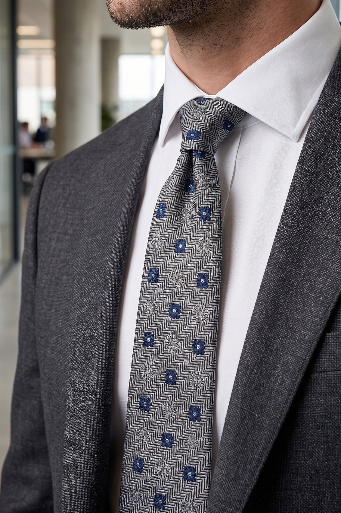 Stripes and Squares Grey tie with intricate design, perfect for weddings, office wear, and formal occasions.