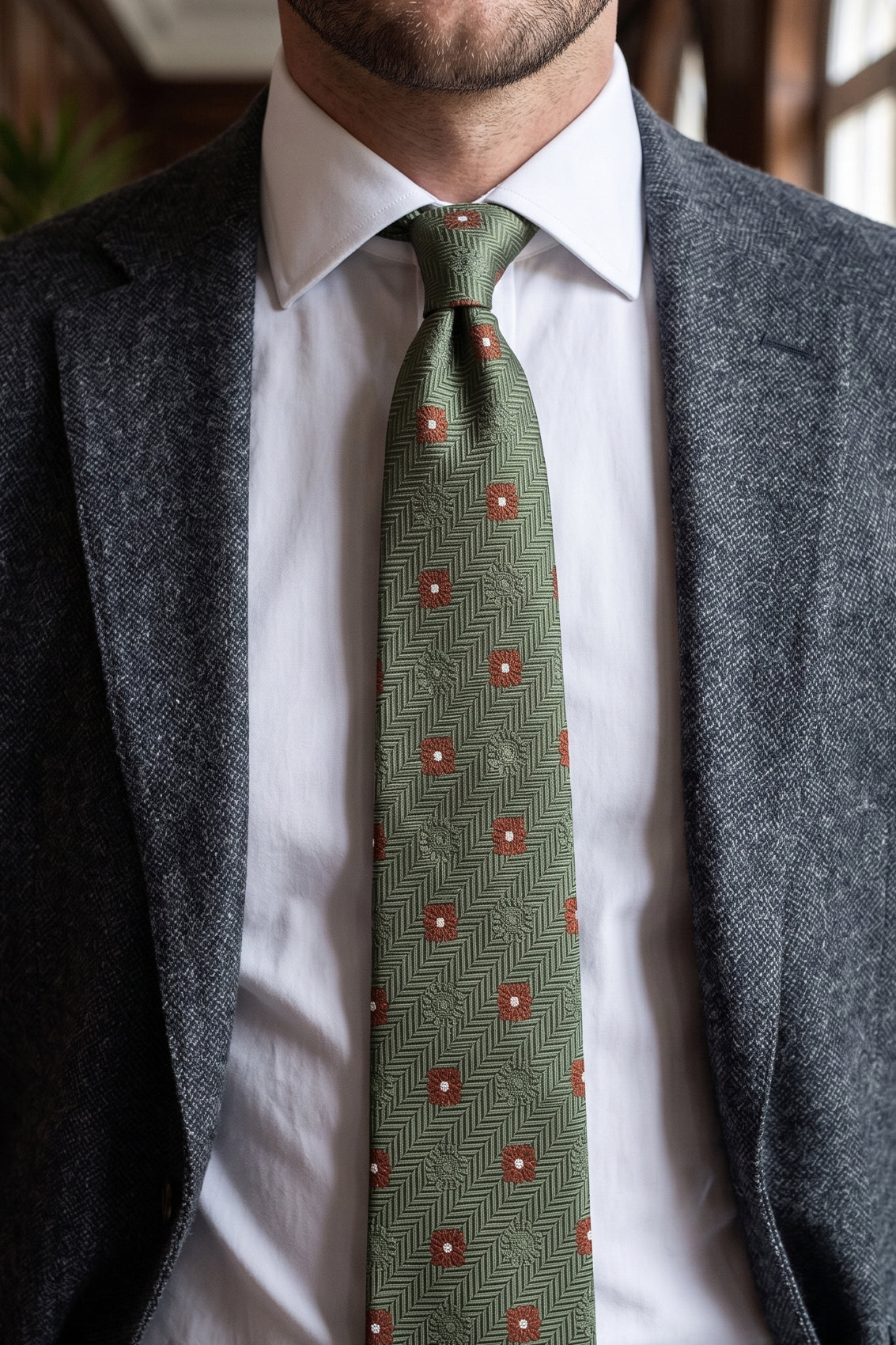 Stripes and Squares Green tie with stylish design, ideal for office wear and casual occasions.
