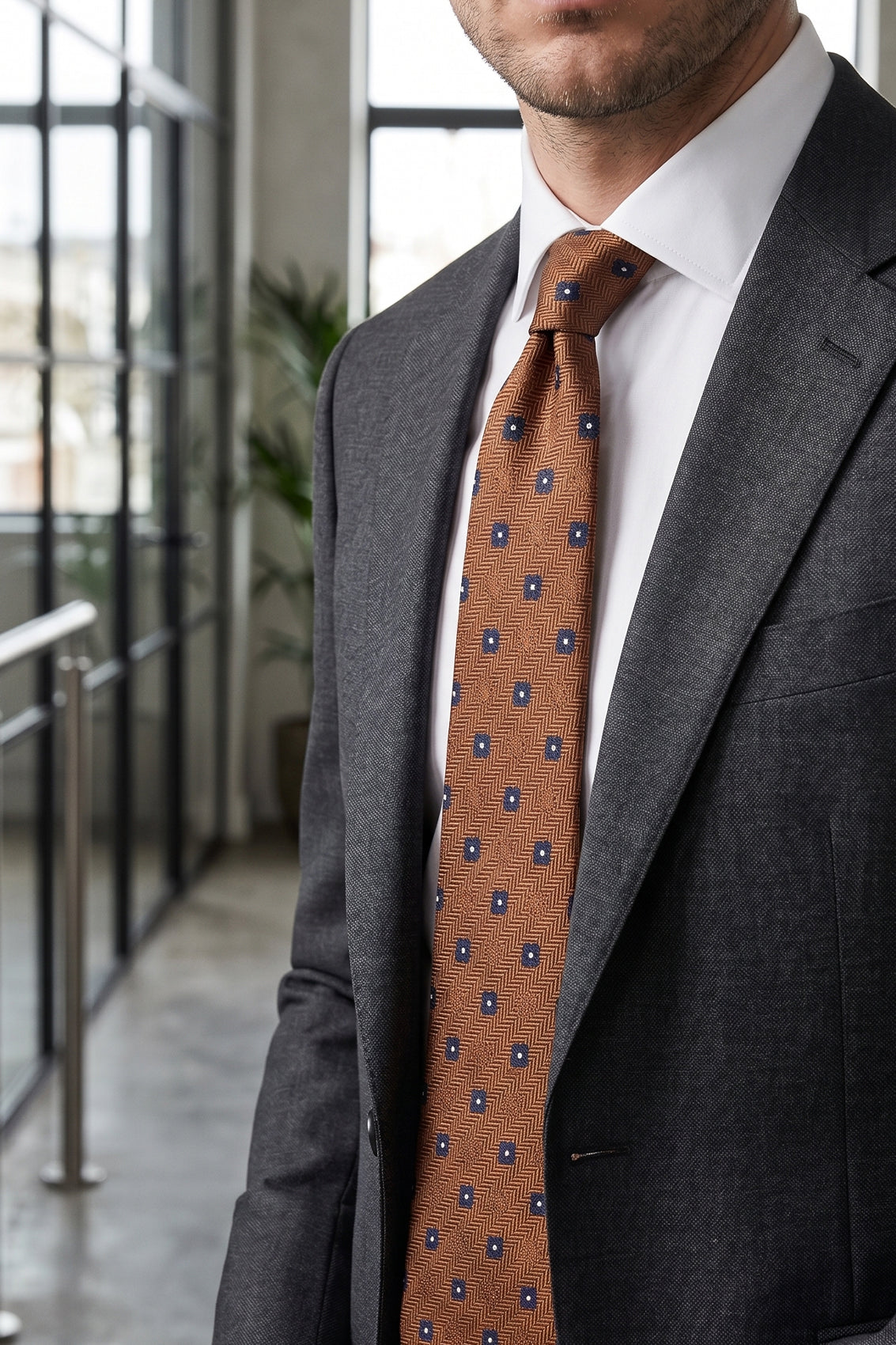 Stripes and Squares Grey tie with intricate design, perfect for weddings, office wear, and formal occasions.