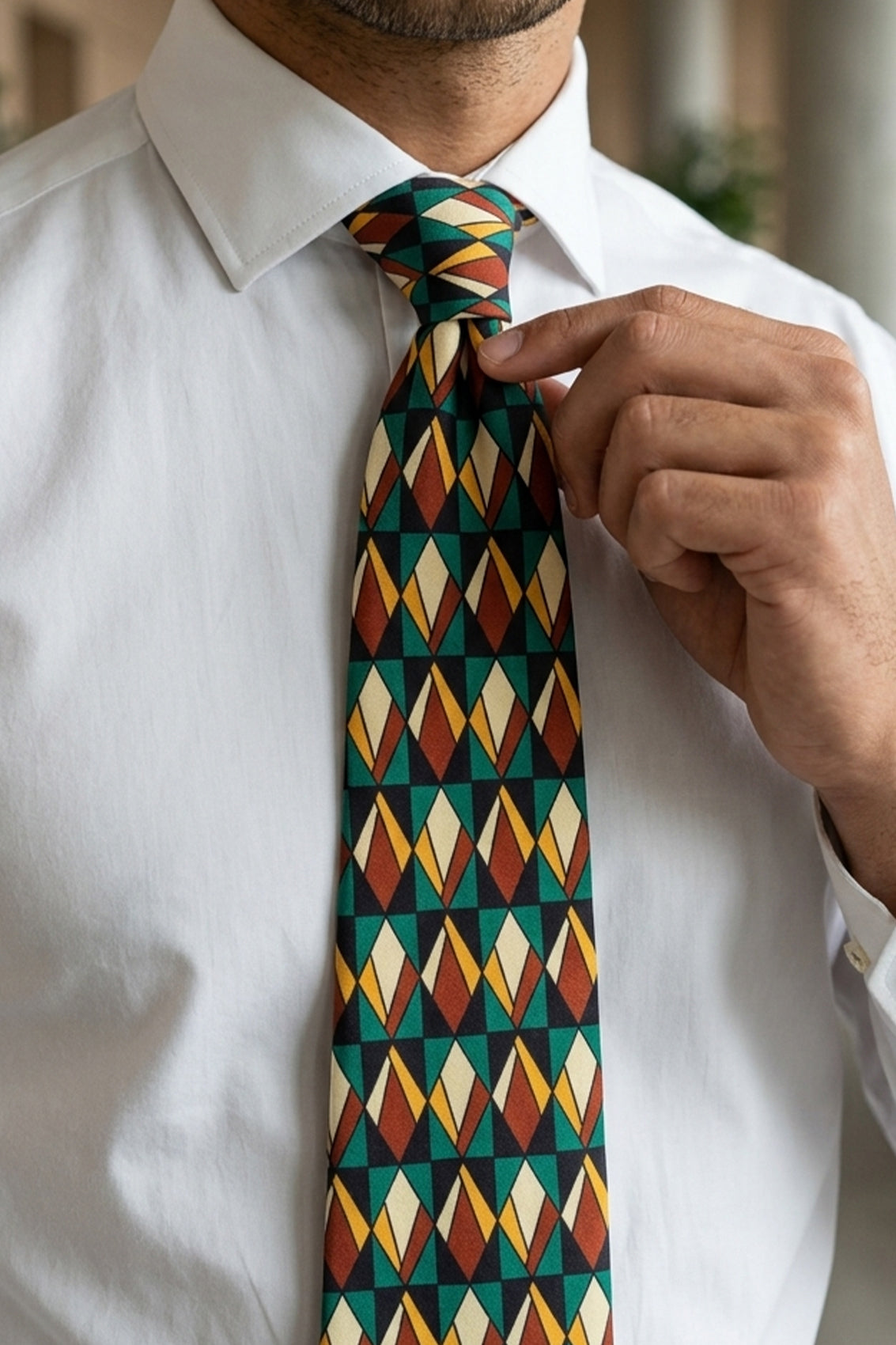 Print Green Navy tie with printed design, perfect for weddings, office wear, and formal occasions.