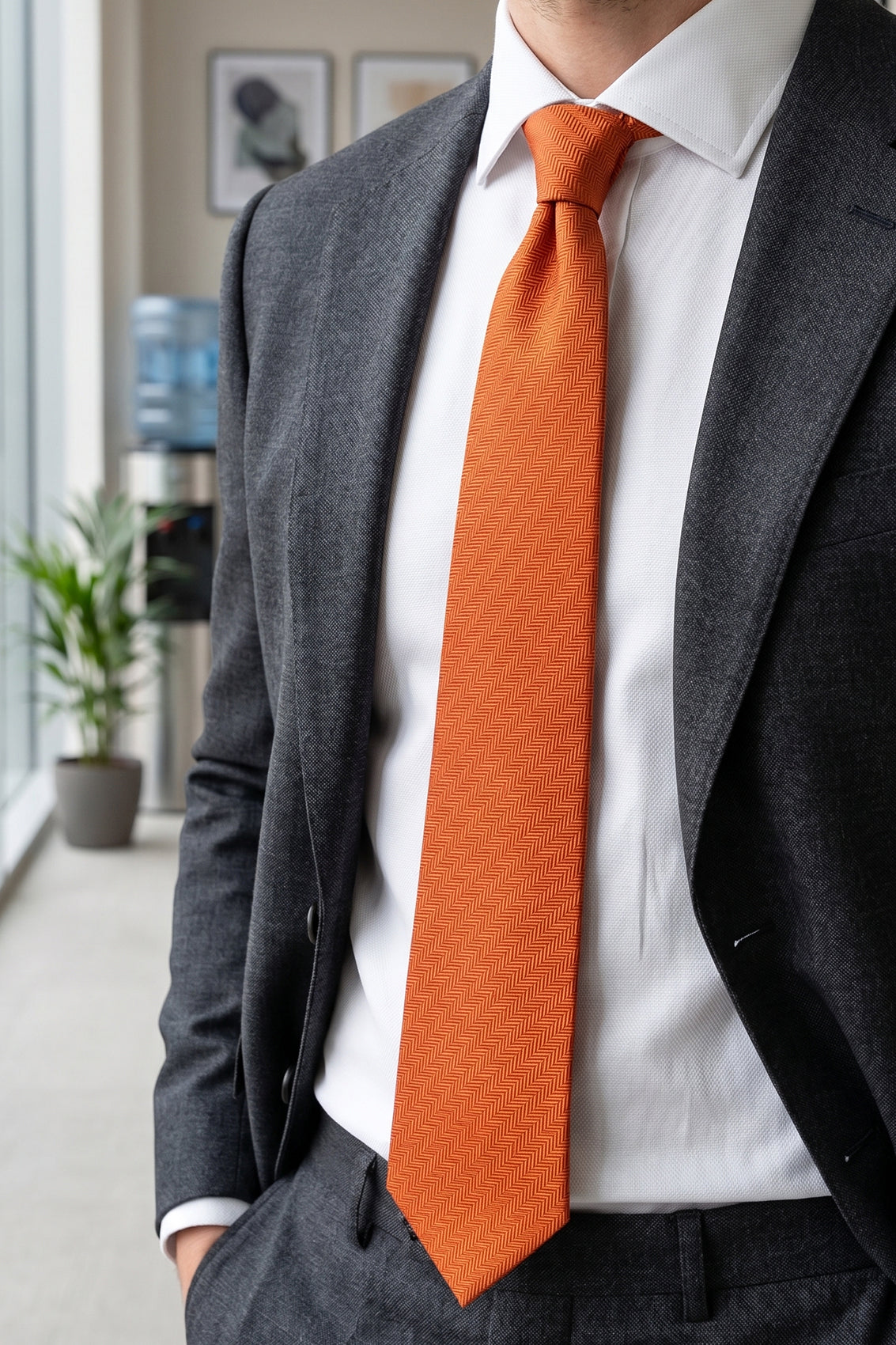 Orange Self Stripe tie with textured design, perfect for weddings, office wear, and formal occasions.
