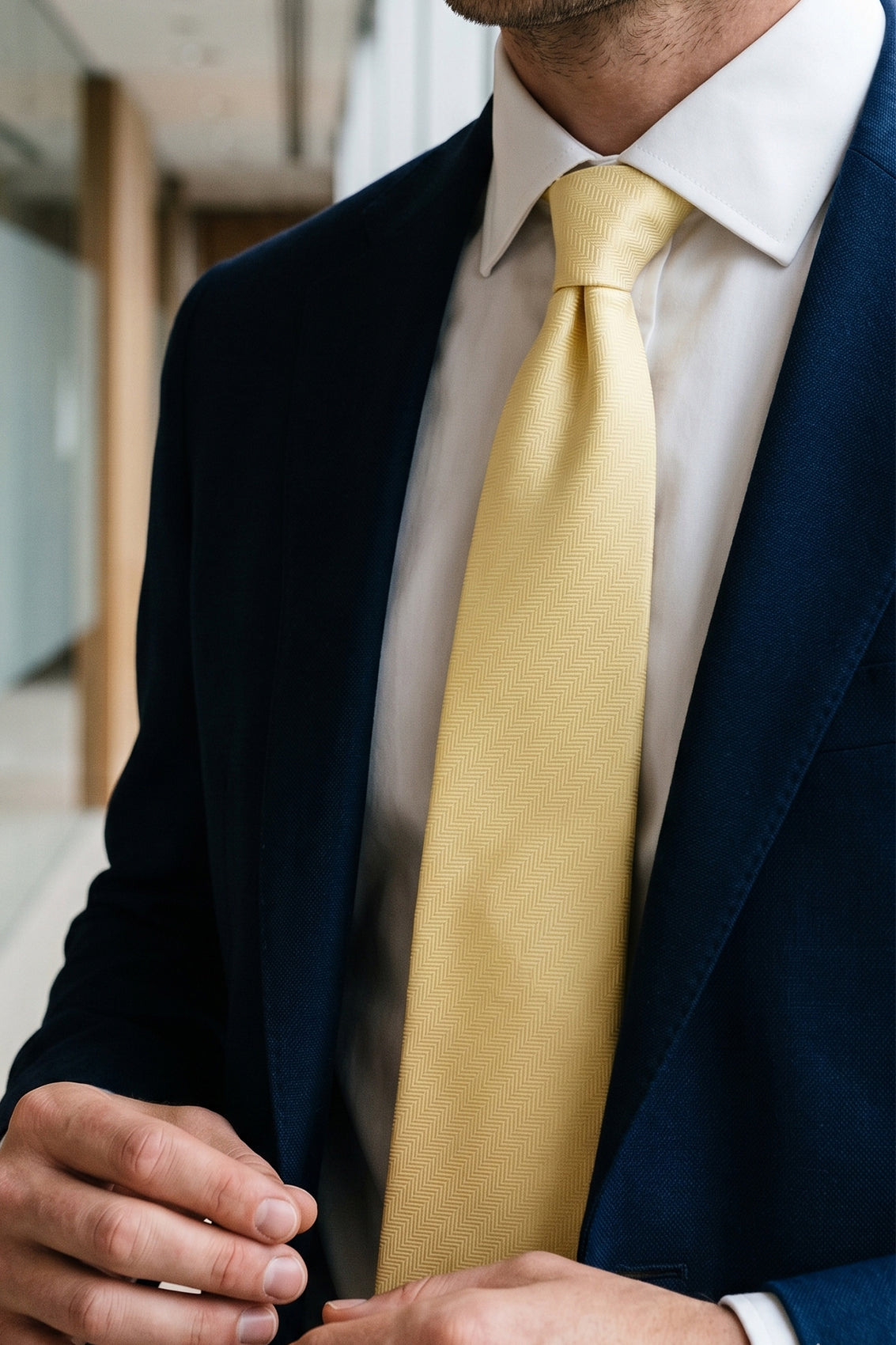 Yellow Self Stripe tie with luxurious design, ideal for weddings, office wear, and formal occasions.