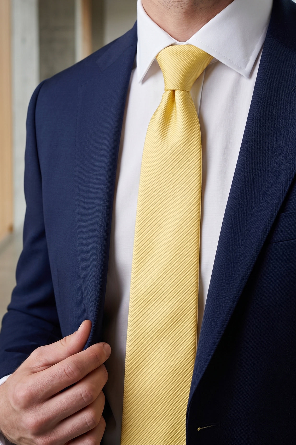 Yellow Ribbed tie with elegant design, perfect for weddings, office wear, and formal occasions.