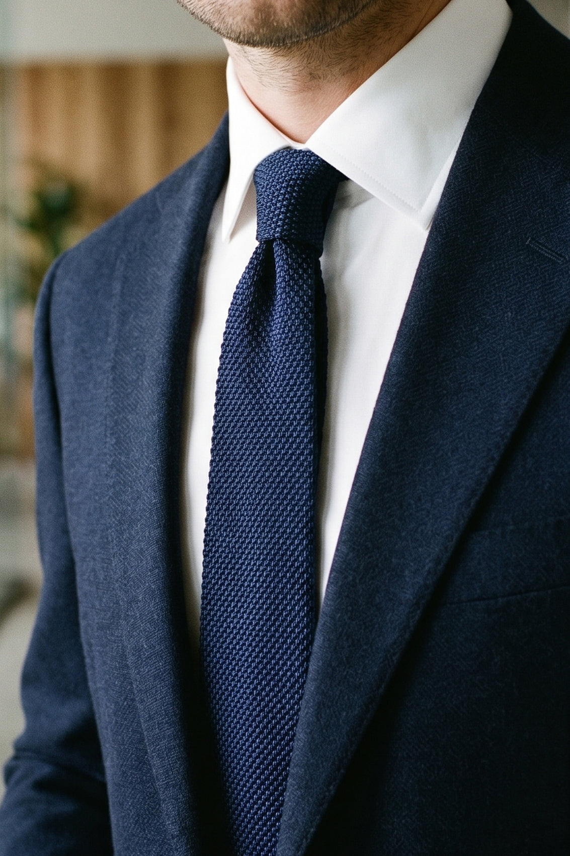 Ash Navy knitted tie with hand finishing, perfect for weddings and formal occasions.