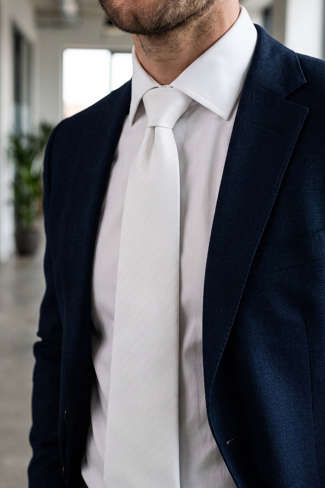 White Self Stripe tie with sophisticated design, ideal for weddings, office meetings, and formal occasions.