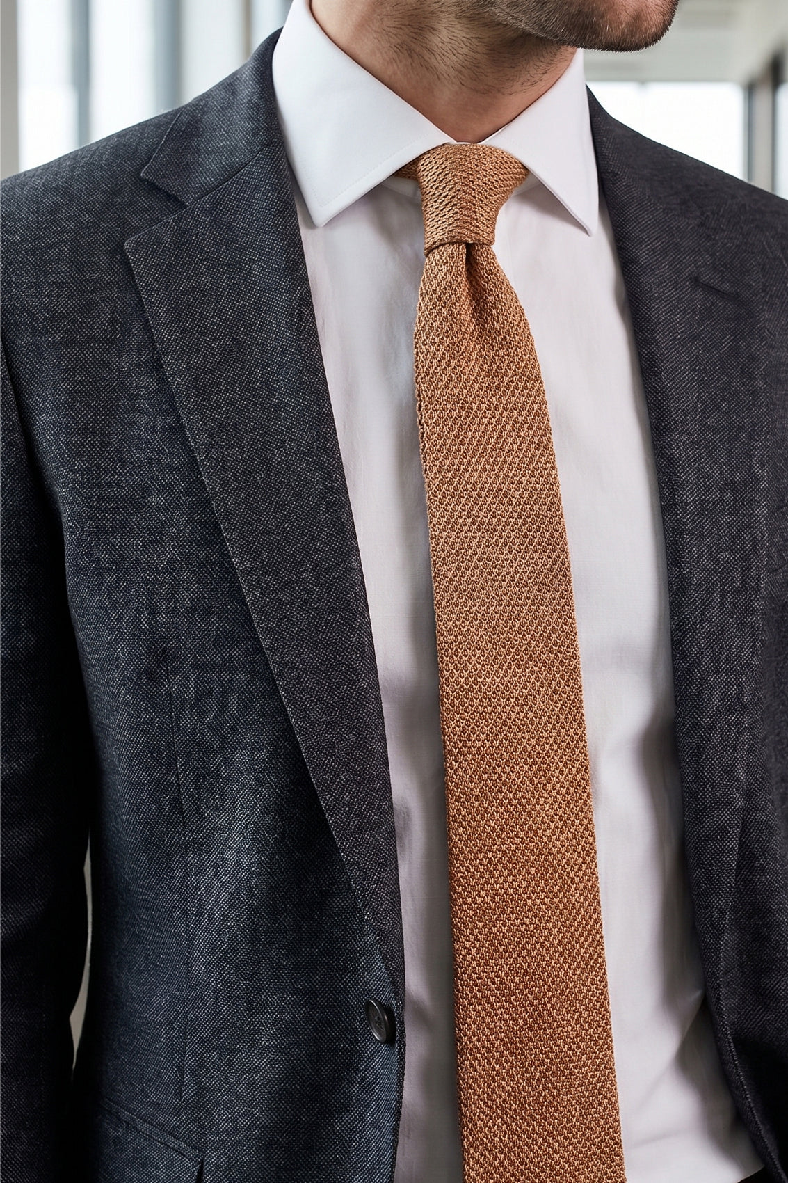 Ash Beige knitted tie with hand finishing, perfect for weddings and formal occasions.