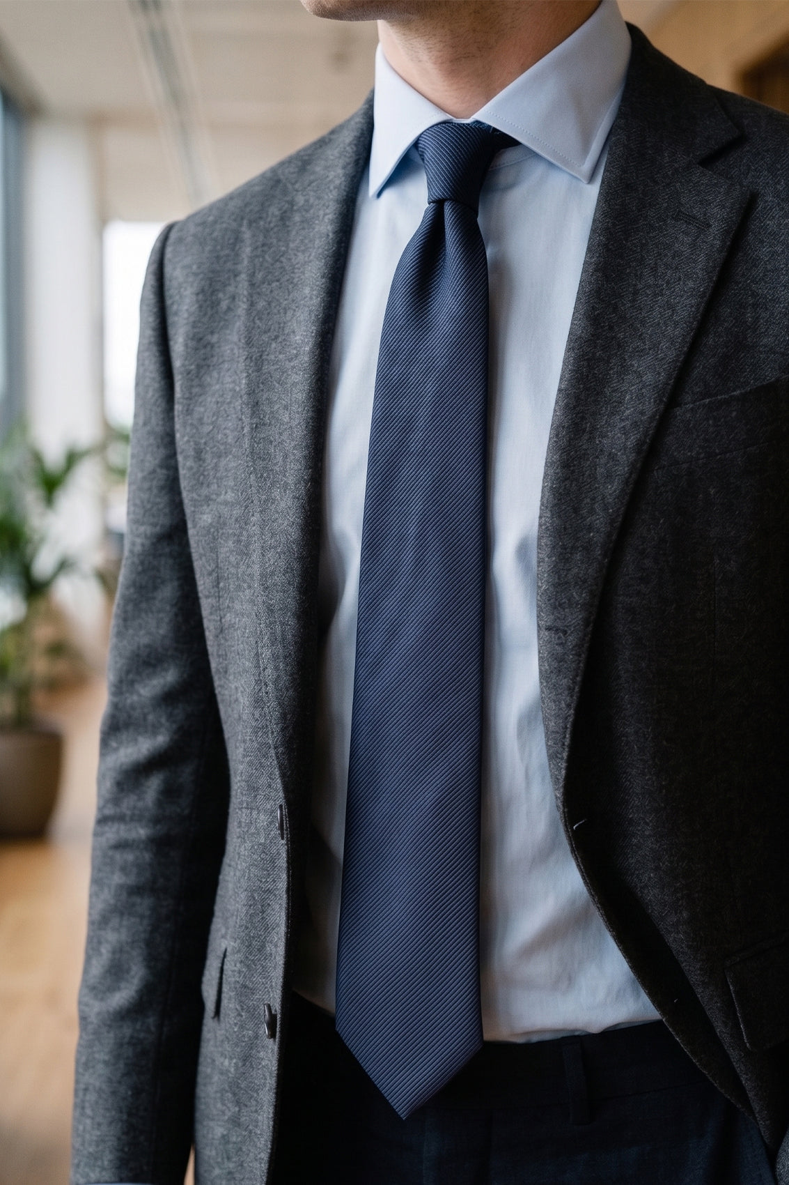 Navy Ribbed tie with sophisticated design, ideal for weddings, office meetings, and formal occasions.