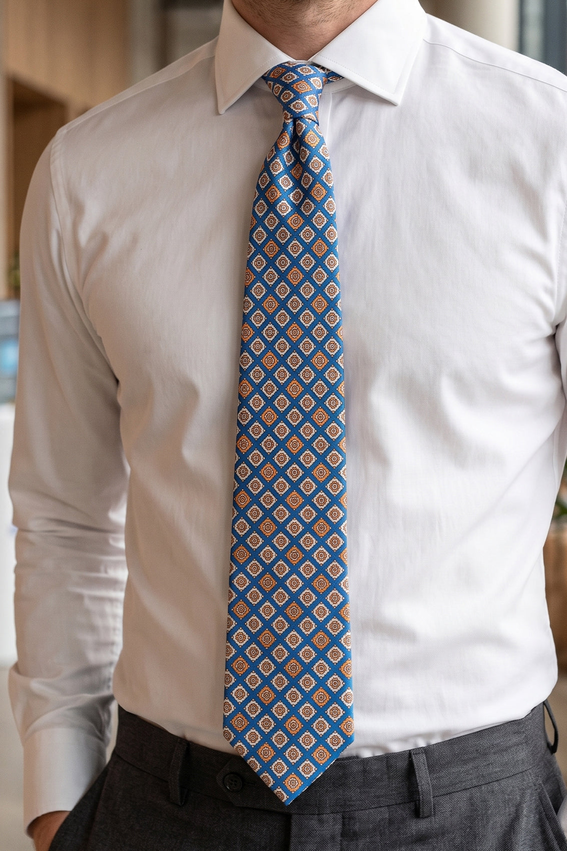 Light Blue Geometric Pattern Silk Tie with elegant design, perfect for weddings, formal occasions, and smart attire.