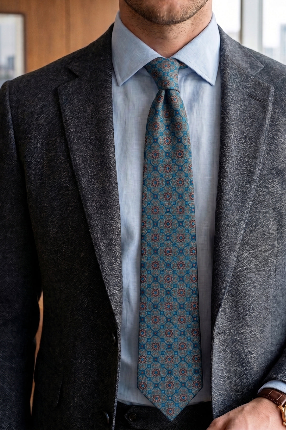 Elliot Turquoise tie with floral pattern, ideal for weddings, parties, and formal occasions.