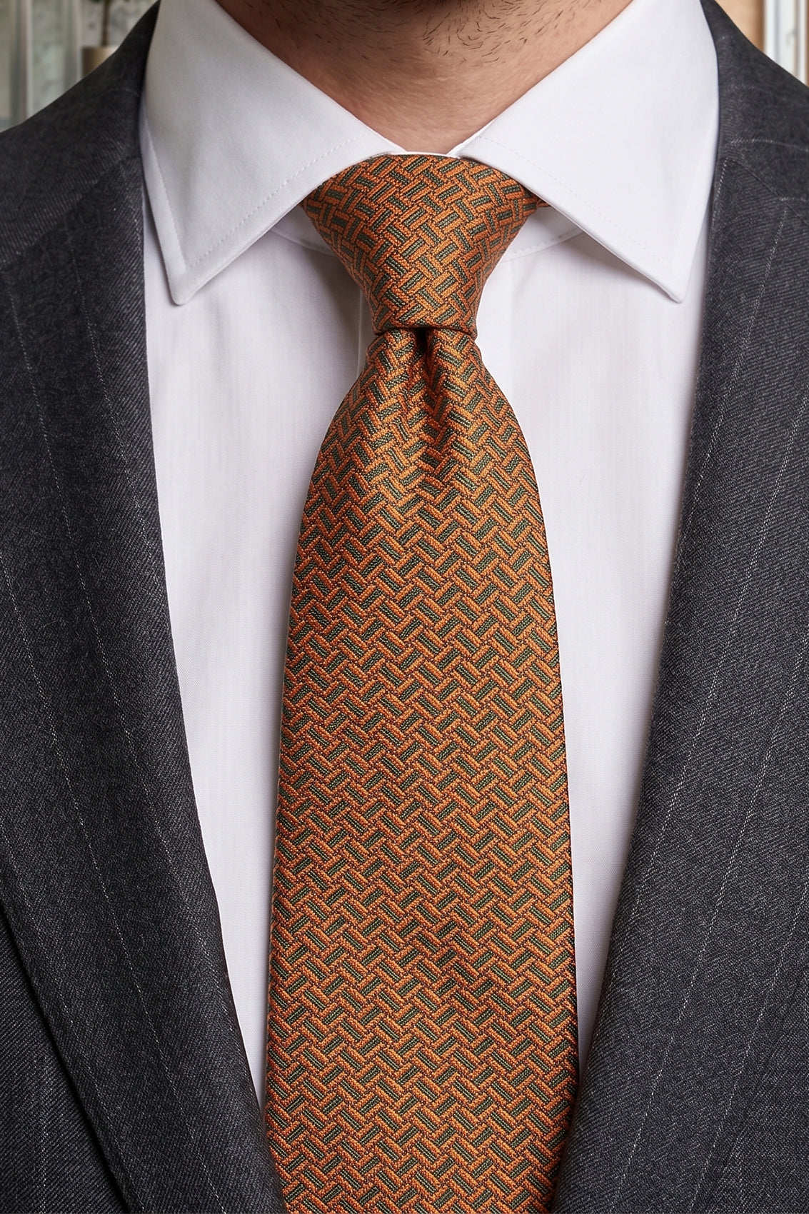Gabe Copper/Green tie with geometric pattern, perfect for weddings and special occasions.