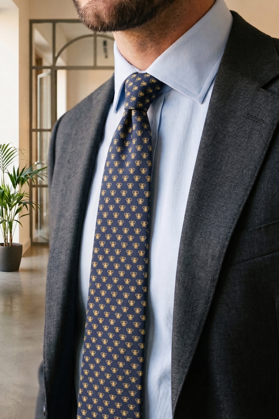 Bee Navy tie with sophisticated design, perfect for weddings, office wear, and casual outings.