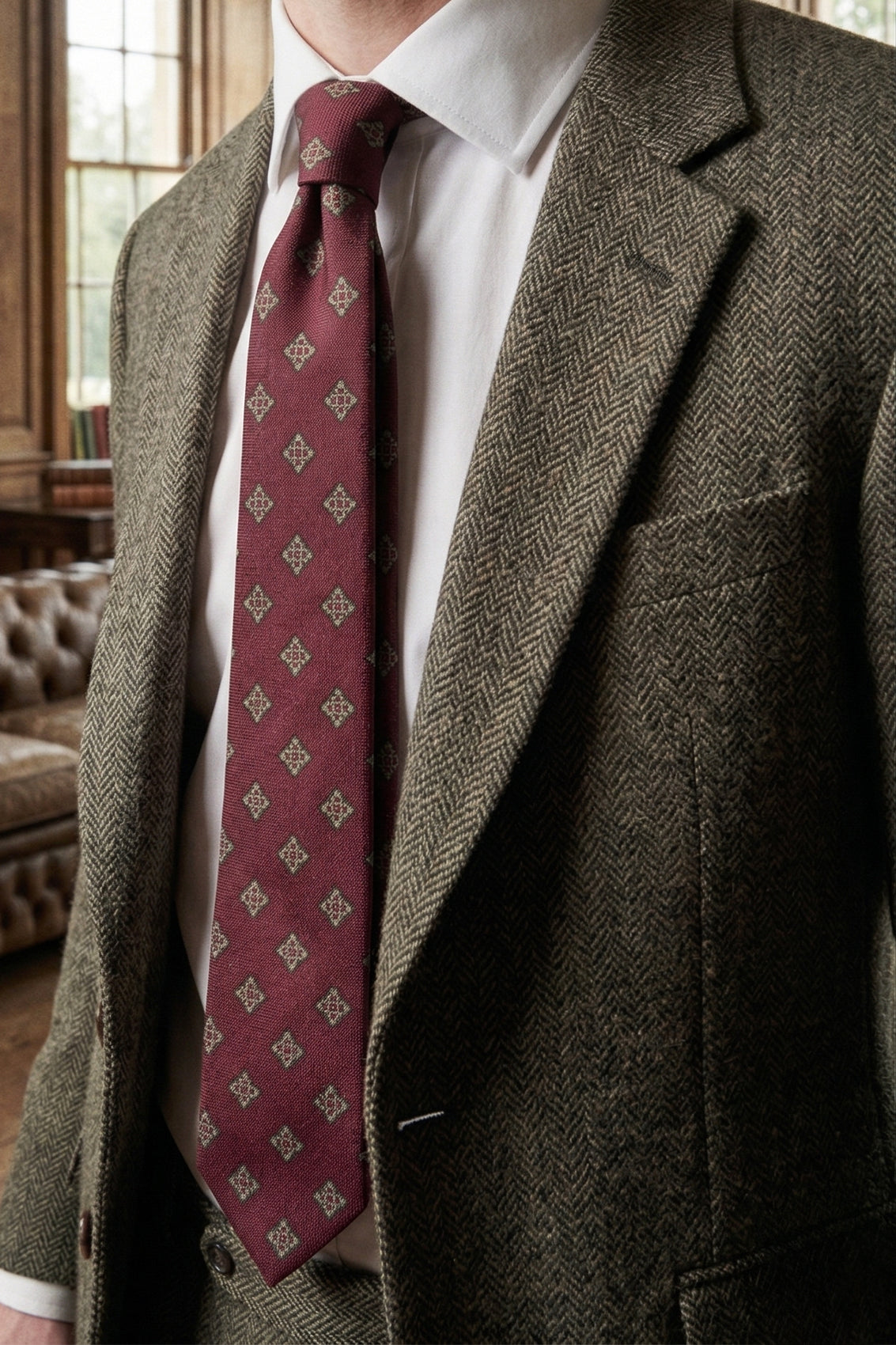 Square Motif Burgundy tie with intricate design, ideal for weddings, formal events, and office wear.