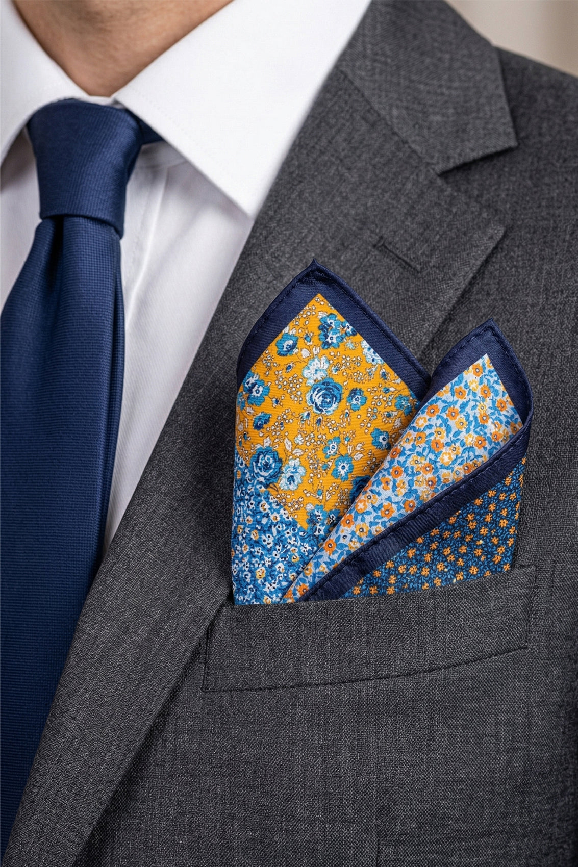 Yellow 4-way men's silk pocket square with bold, elegant finish—ideal as a handkerchief or blazer accent for formal or casual wear.