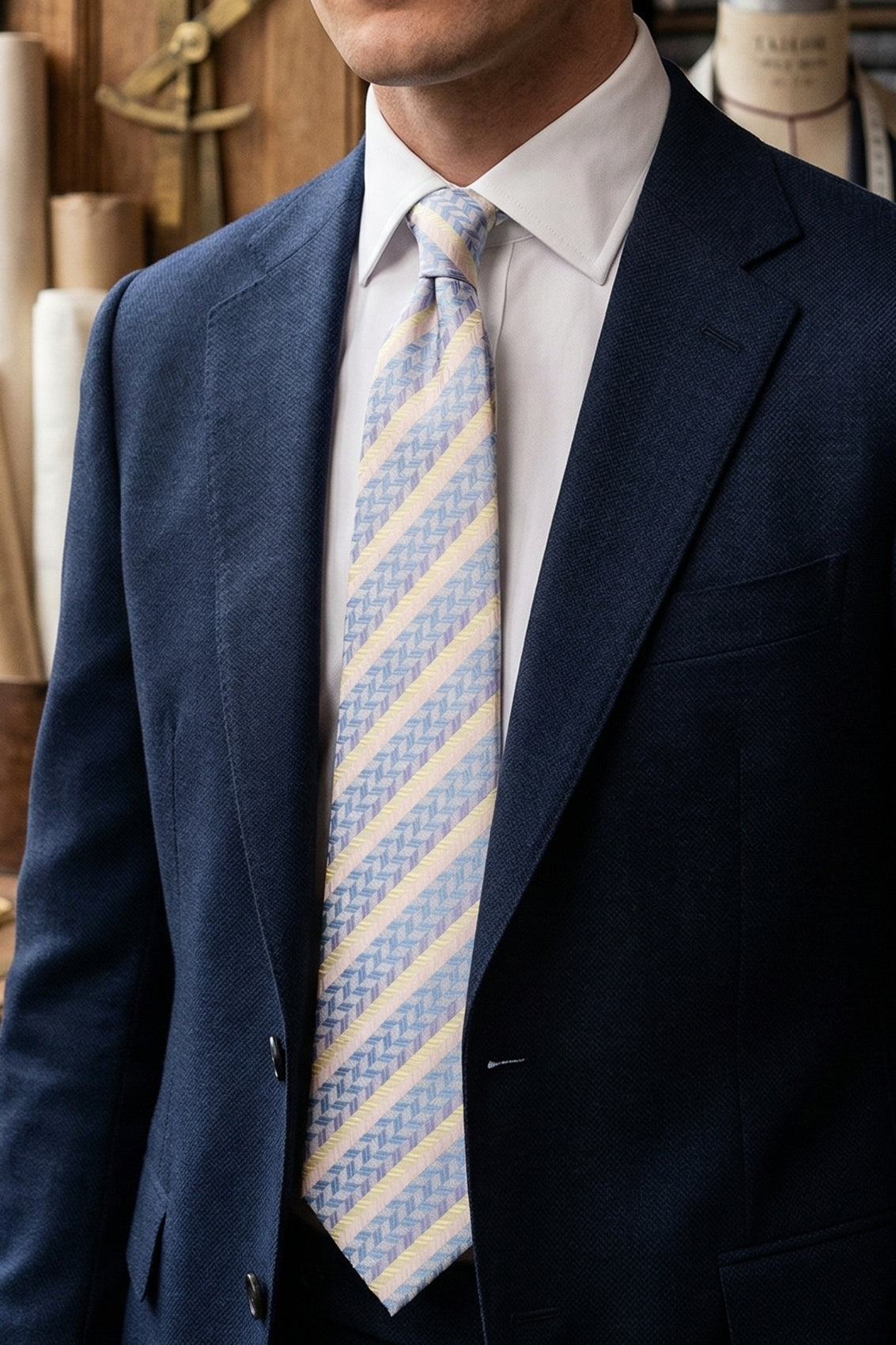 Geometric Stripes Blue Cream tie with luxurious design, ideal for weddings, office wear, and casual occasions.