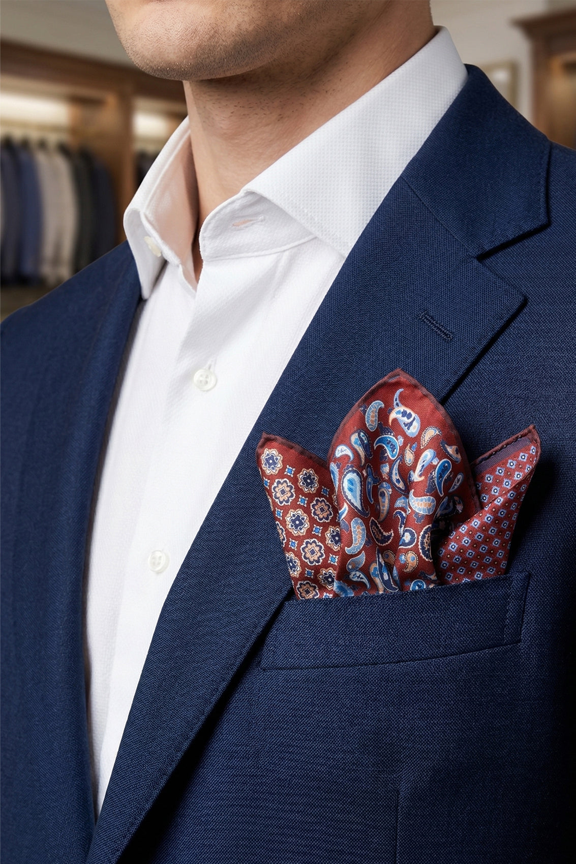 Red 4 Way silk pocket square for men, featuring rich silk fabric and detailed finish, perfect for weddings, formal events, and stylish accessories.