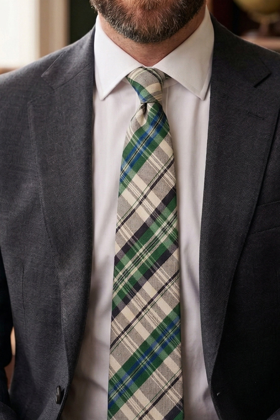 Checks Green White tie with printed design, ideal for weddings, office events, and formal occasions.