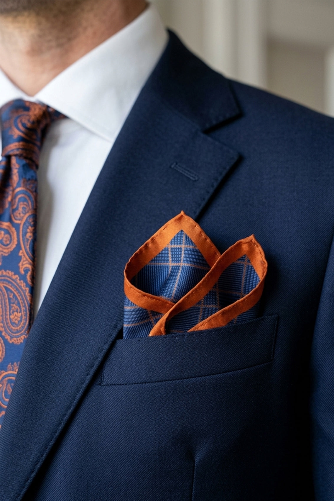 Men’s navy silk handkerchief with symmetrical line detailing and elegant finish, perfect for weddings, formal occasions or refined everyday wear.