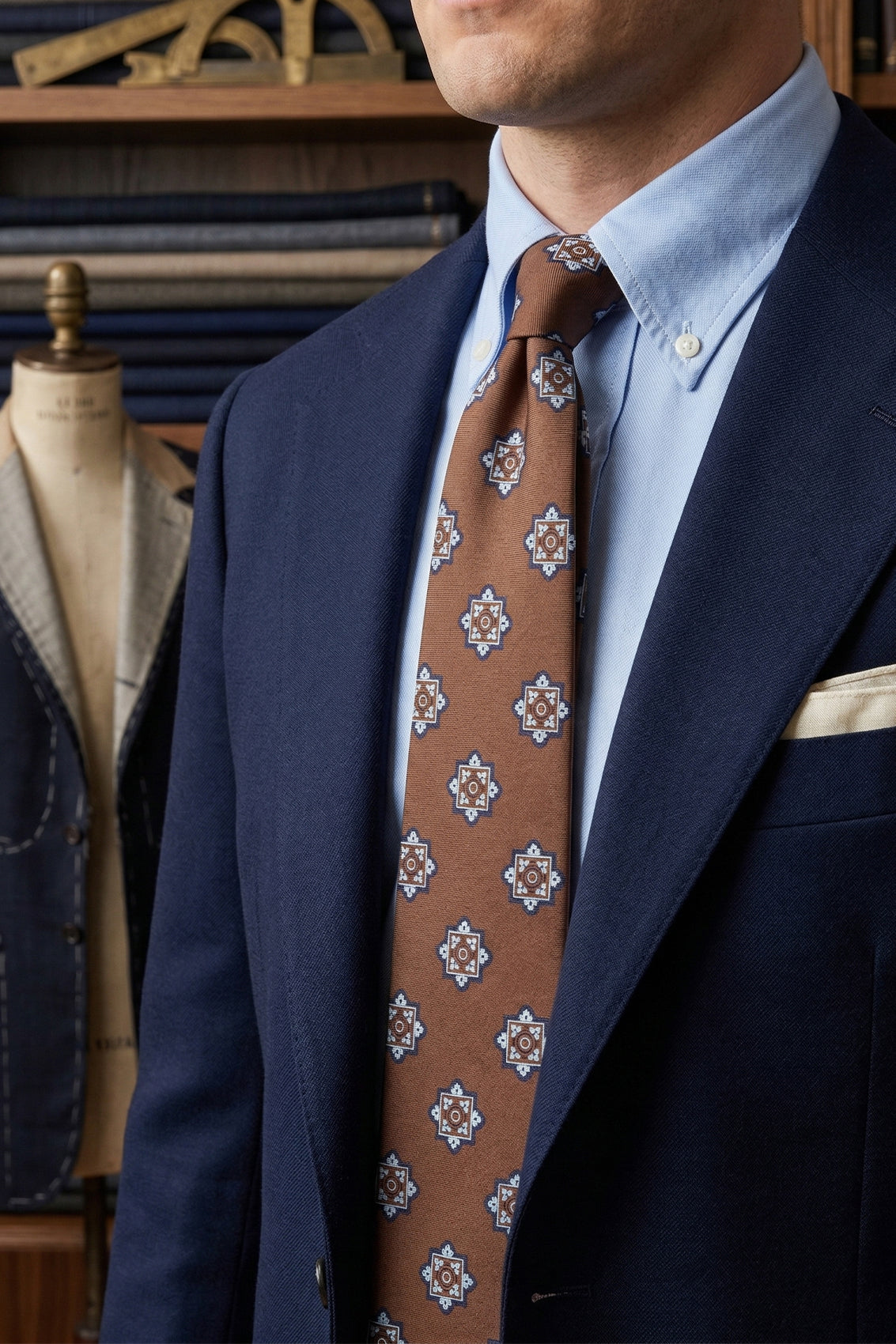 Felix Brown/Blue tie with geometric pattern, ideal for weddings, formal parties, and special occasions.