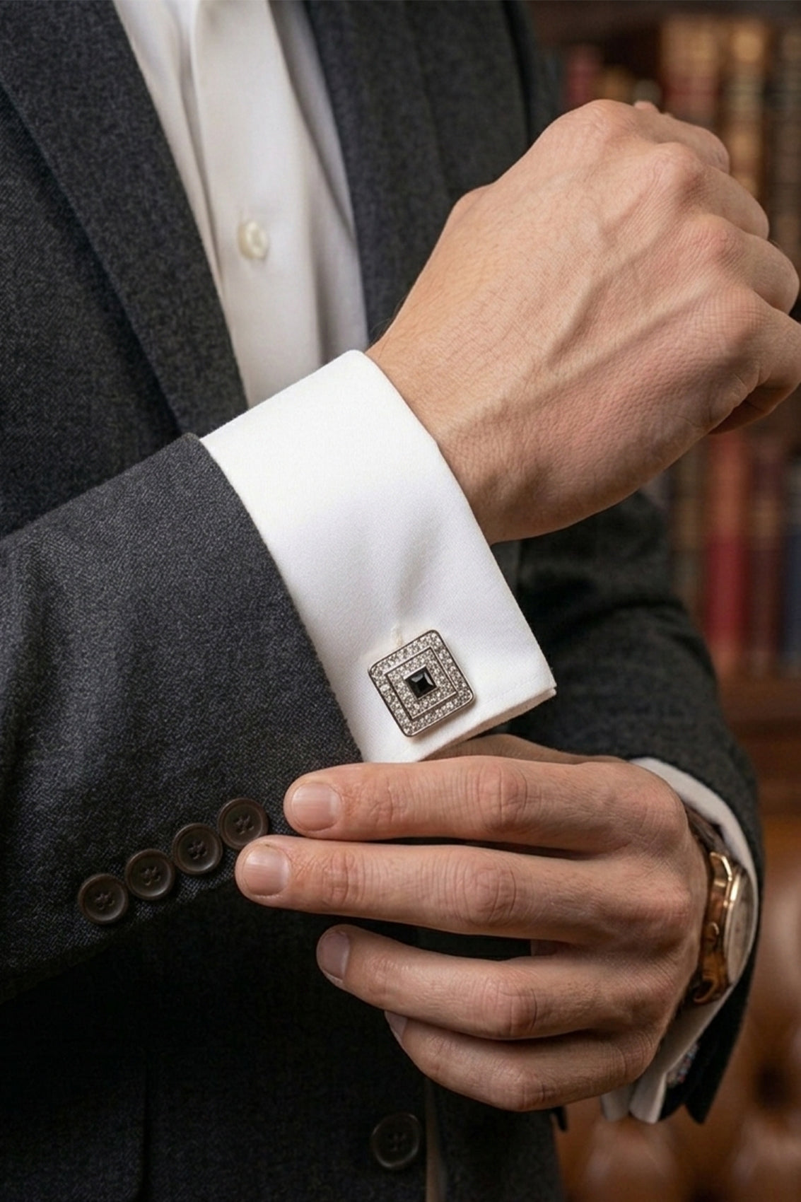 Bling Silver Men’s Cufflinks featuring silver crystal and enamel design, ideal for weddings and elegant formal occasions.