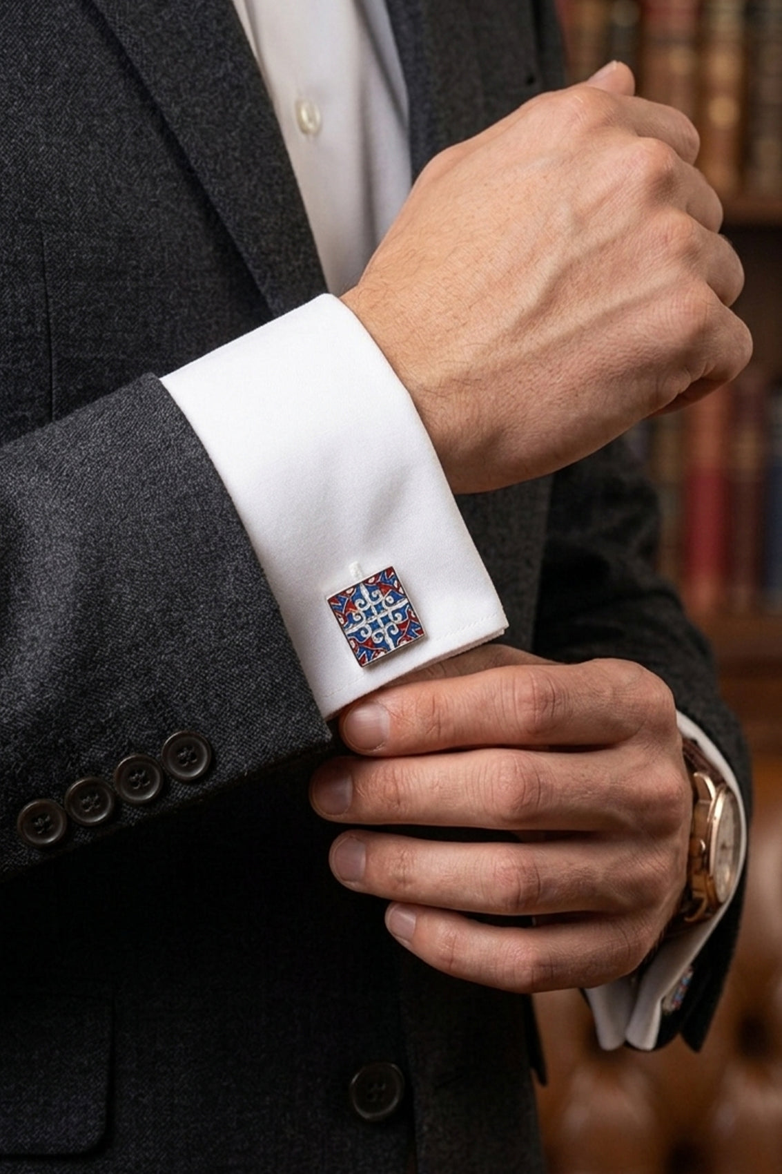 Adam Red and Blue geometric enamel men’s cufflinks for weddings and formal occasions.