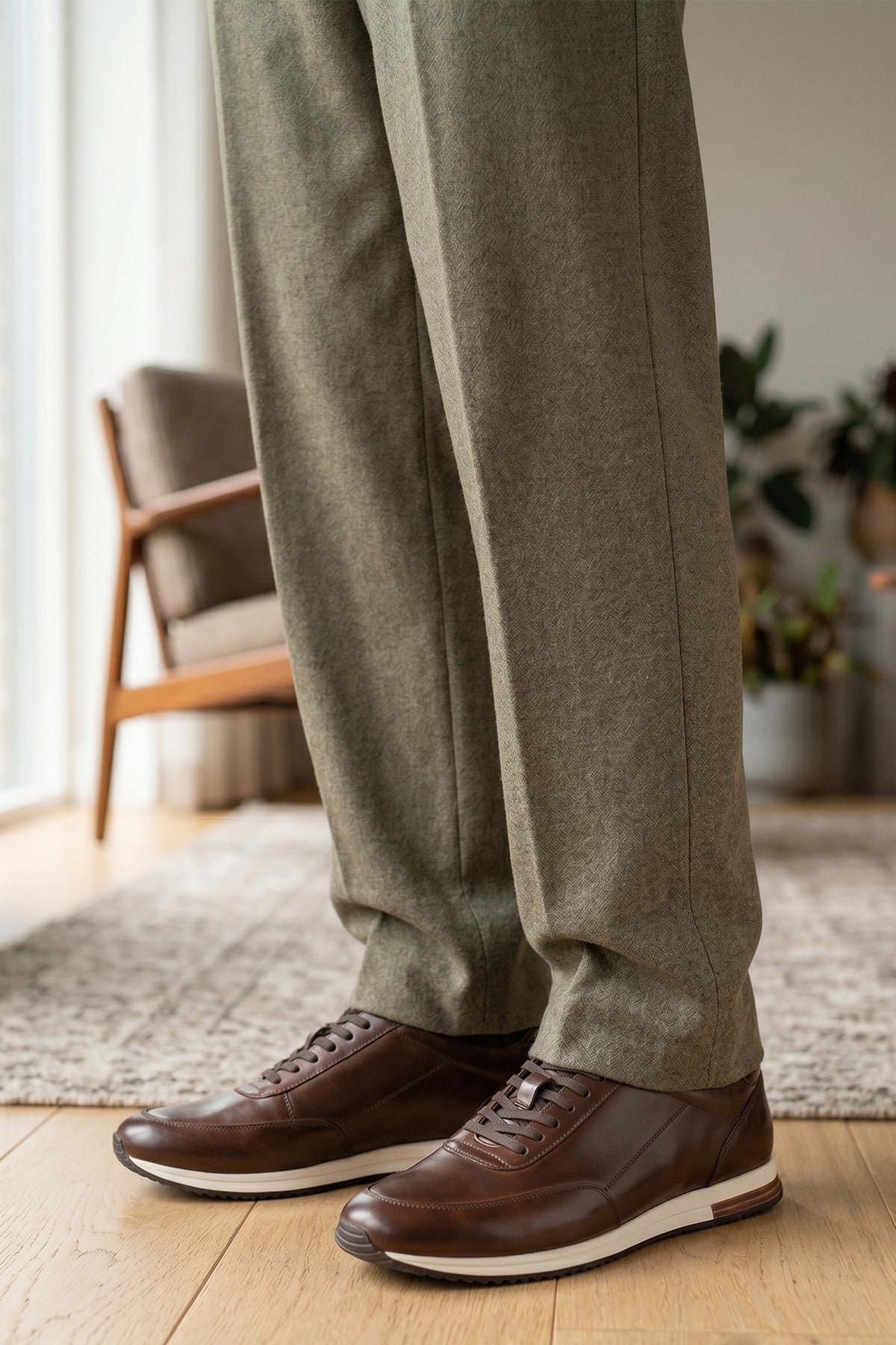 Model wearing Spencer Brown Leather Sneakers | Oswin Hyde