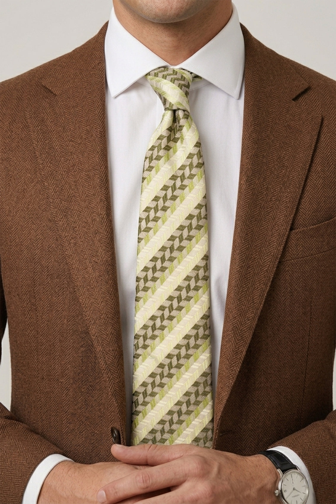 Geometric Stripes Olive Green tie with sophisticated design, perfect for weddings, office meetings, and casual outings.