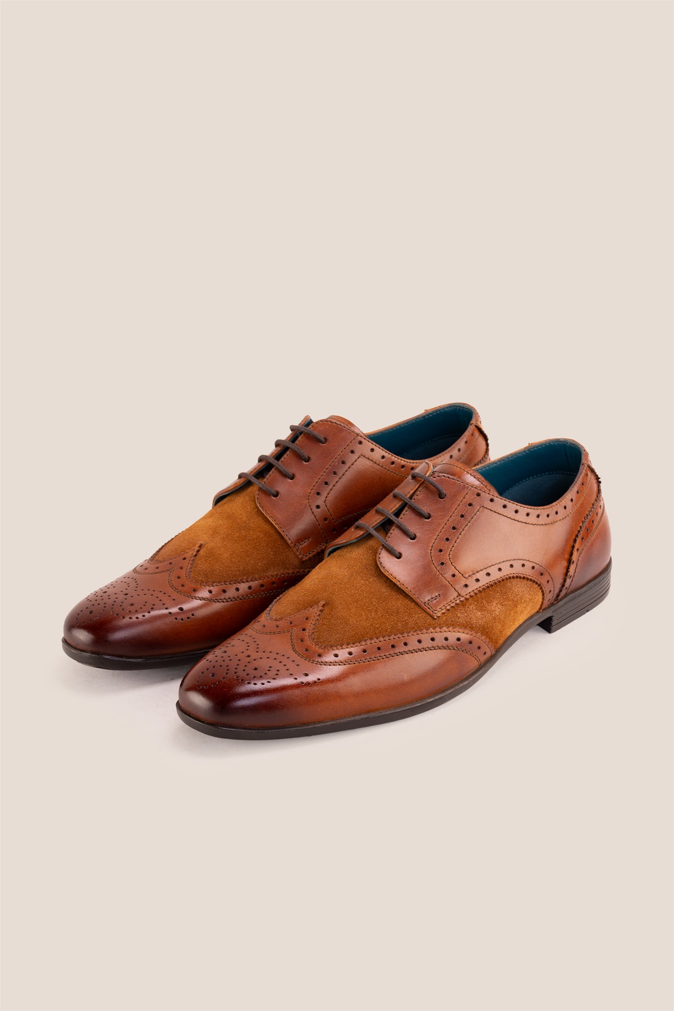 Miller Tan Suede men’s leather and suede brogue shoes with wingtip detailing.