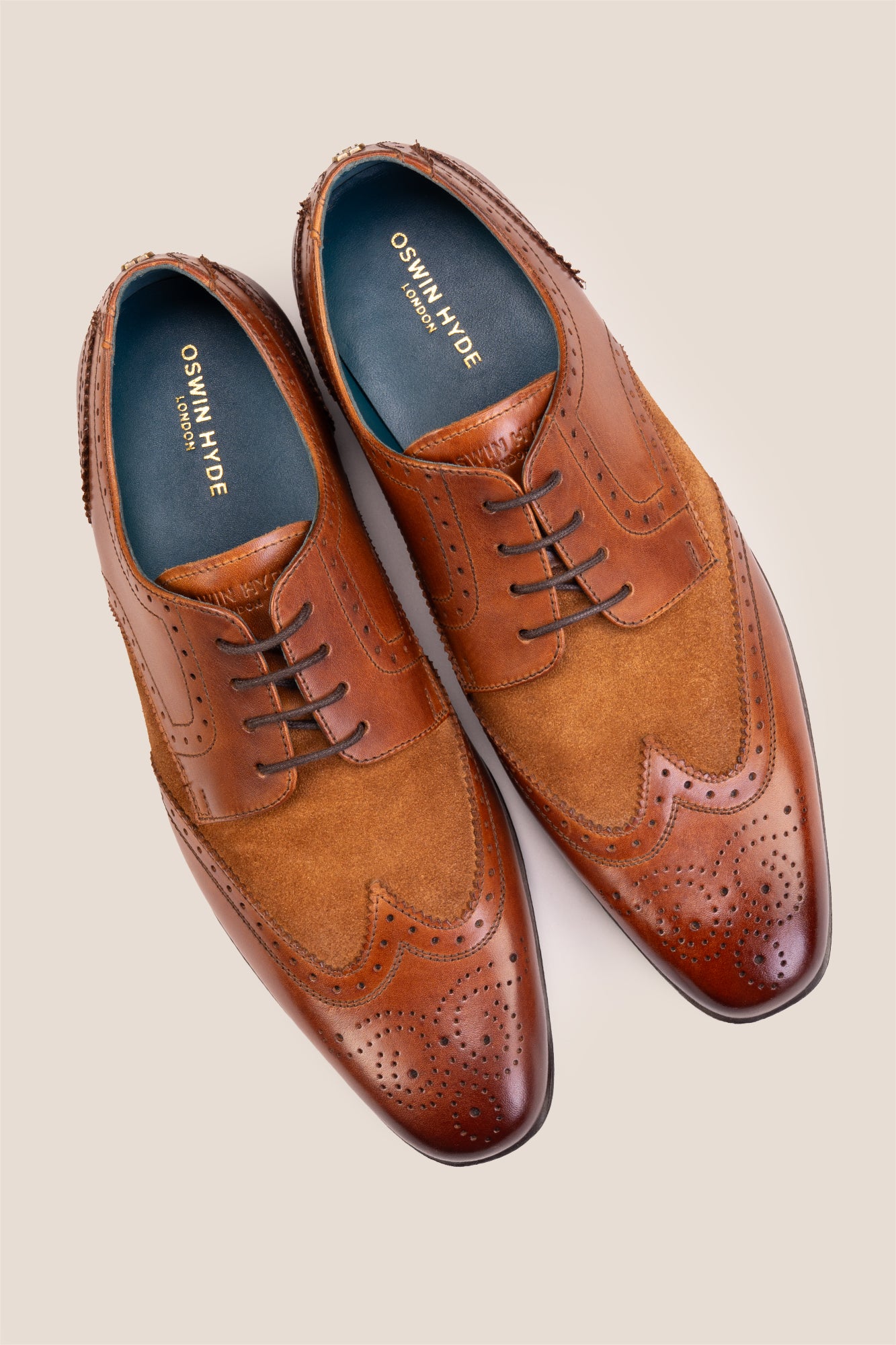 Miller Tan Suede men’s leather and suede brogue shoes with wingtip detailing.