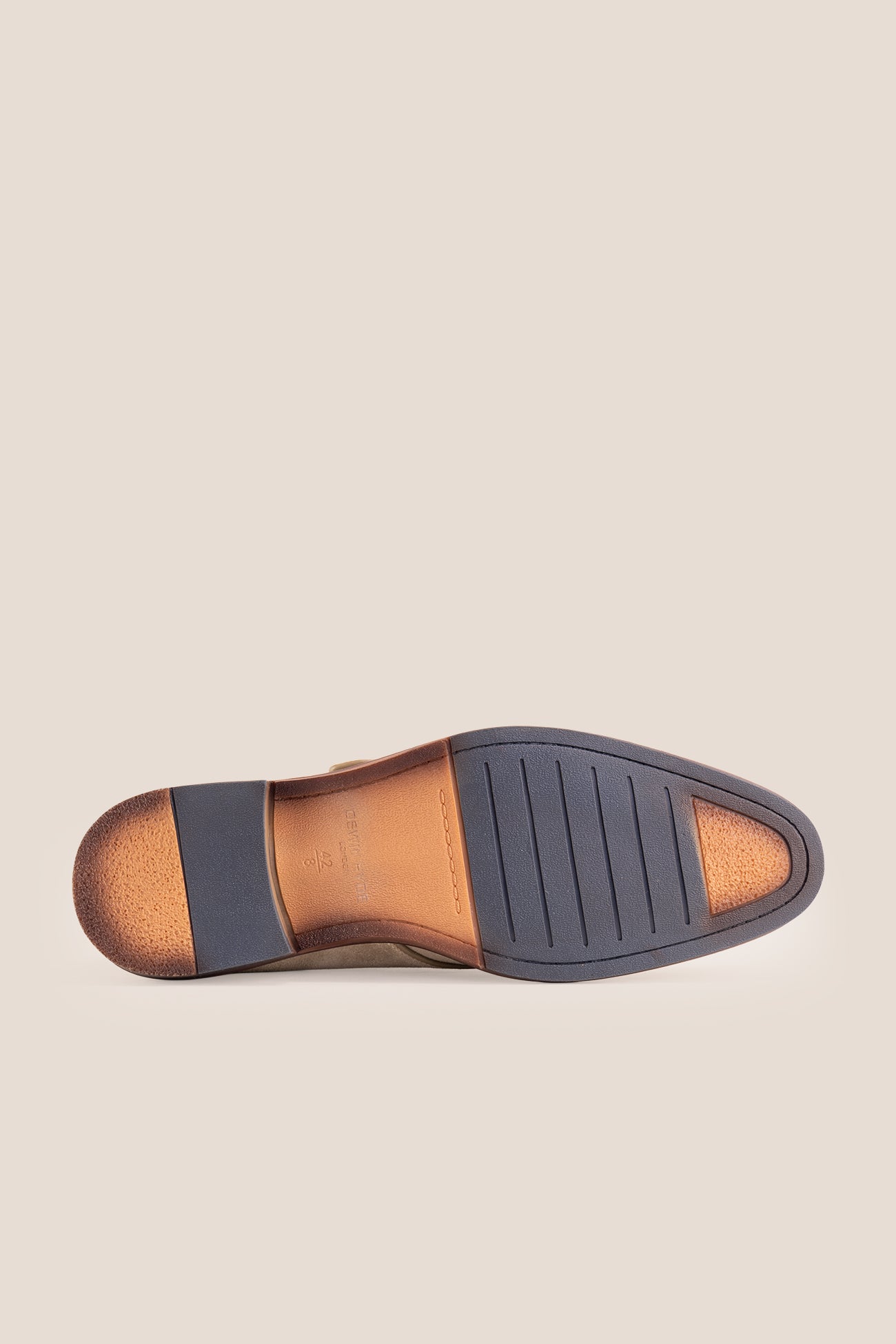 Premium men's sand suede single monk strap shoes by Oswin Hyde London, featuring a plain toe, adjustable silver buckle, contrast sole stitching, and a cushioned teal interior.