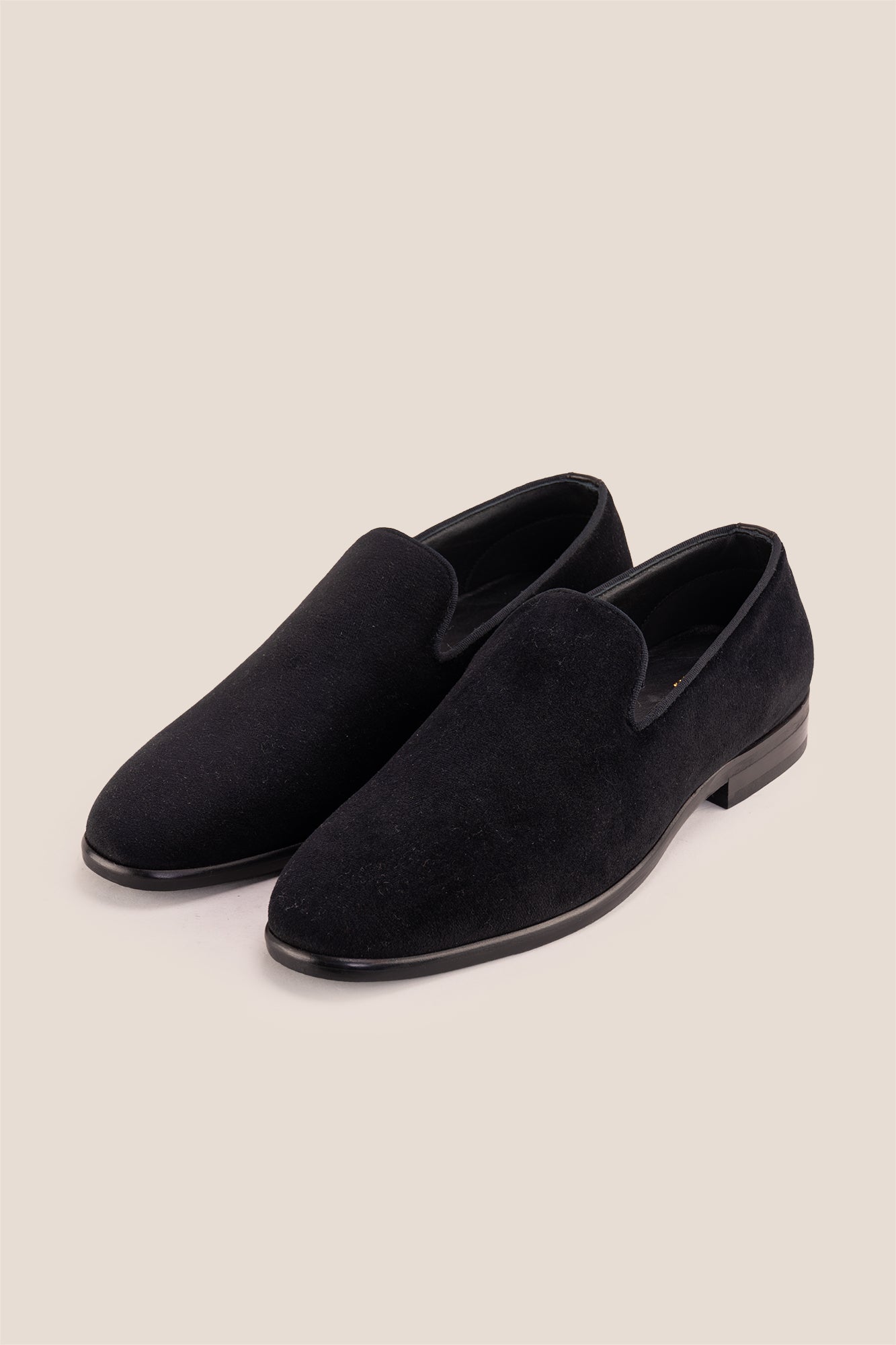 Men's black velvet smoking loafers, the Fraser Black, slip-on dress shoes for black-tie and formal events.