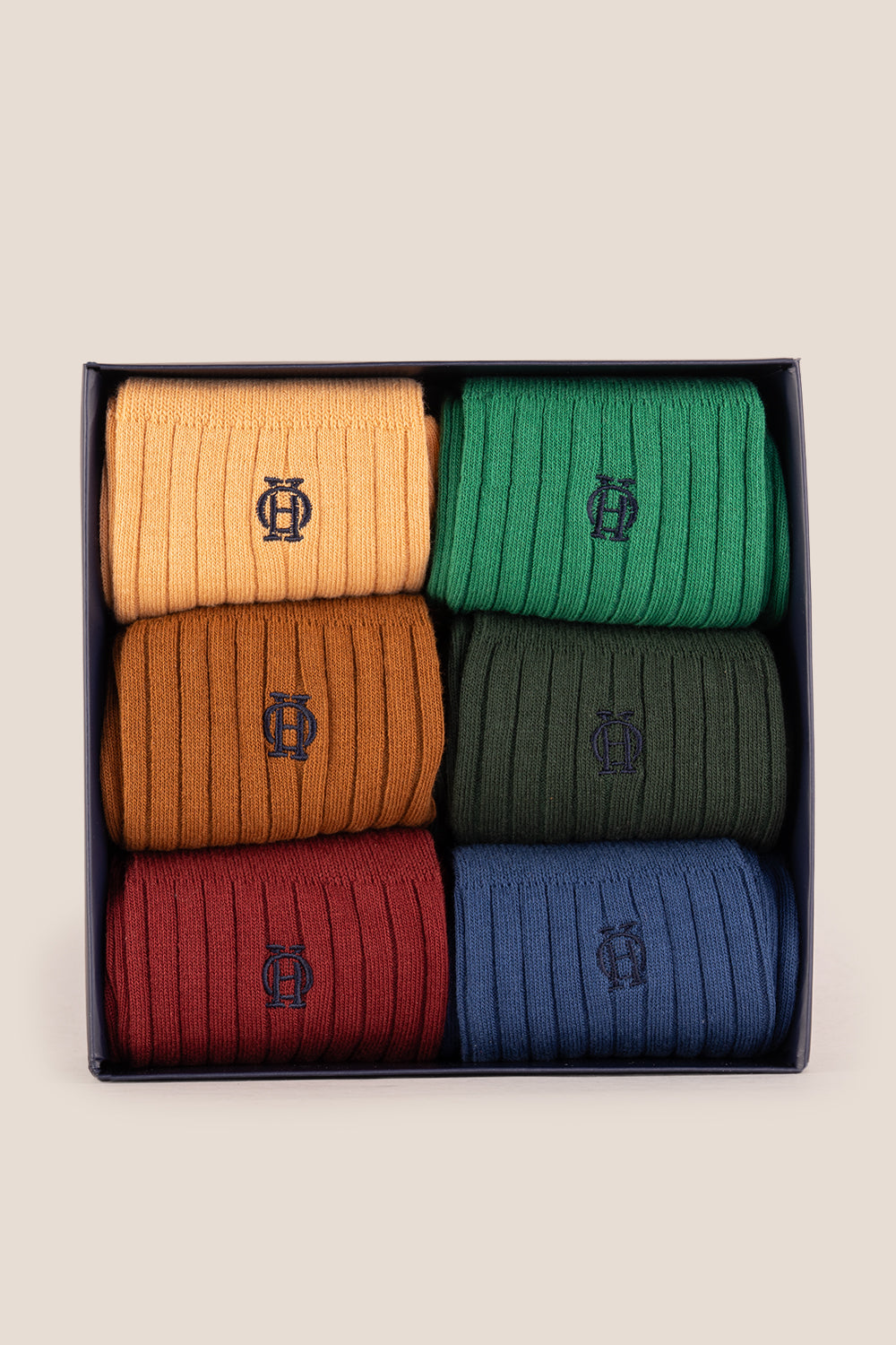Oswin Hyde Pure Earth six pack socks in brown, green, and blue for men, offering luxury, comfort, and style.