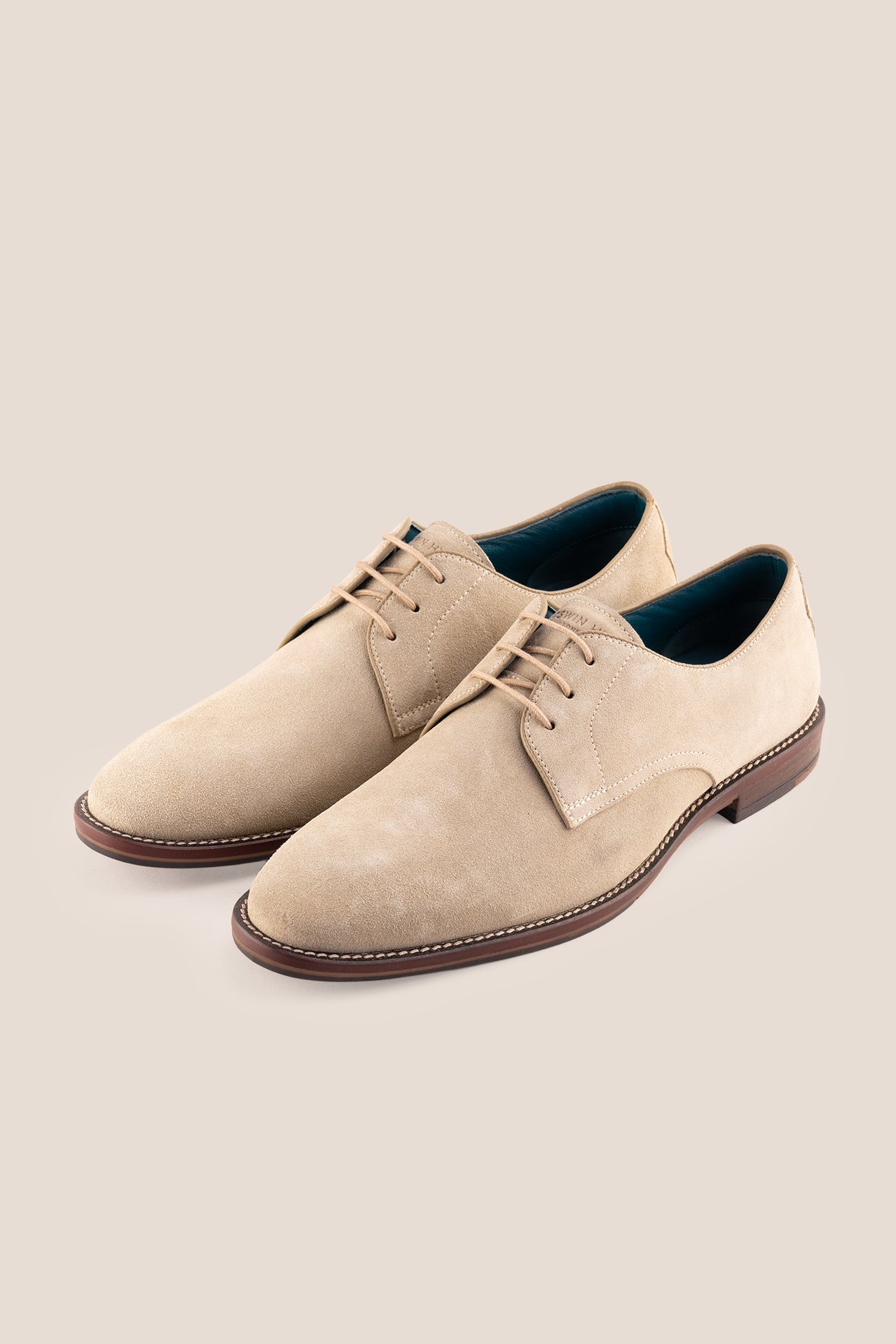 Nathan sand suede leather Derby shoes for men featuring a 3-eyelet design, breathable lining, and durable leather sole for formal and smart casual occasions.
