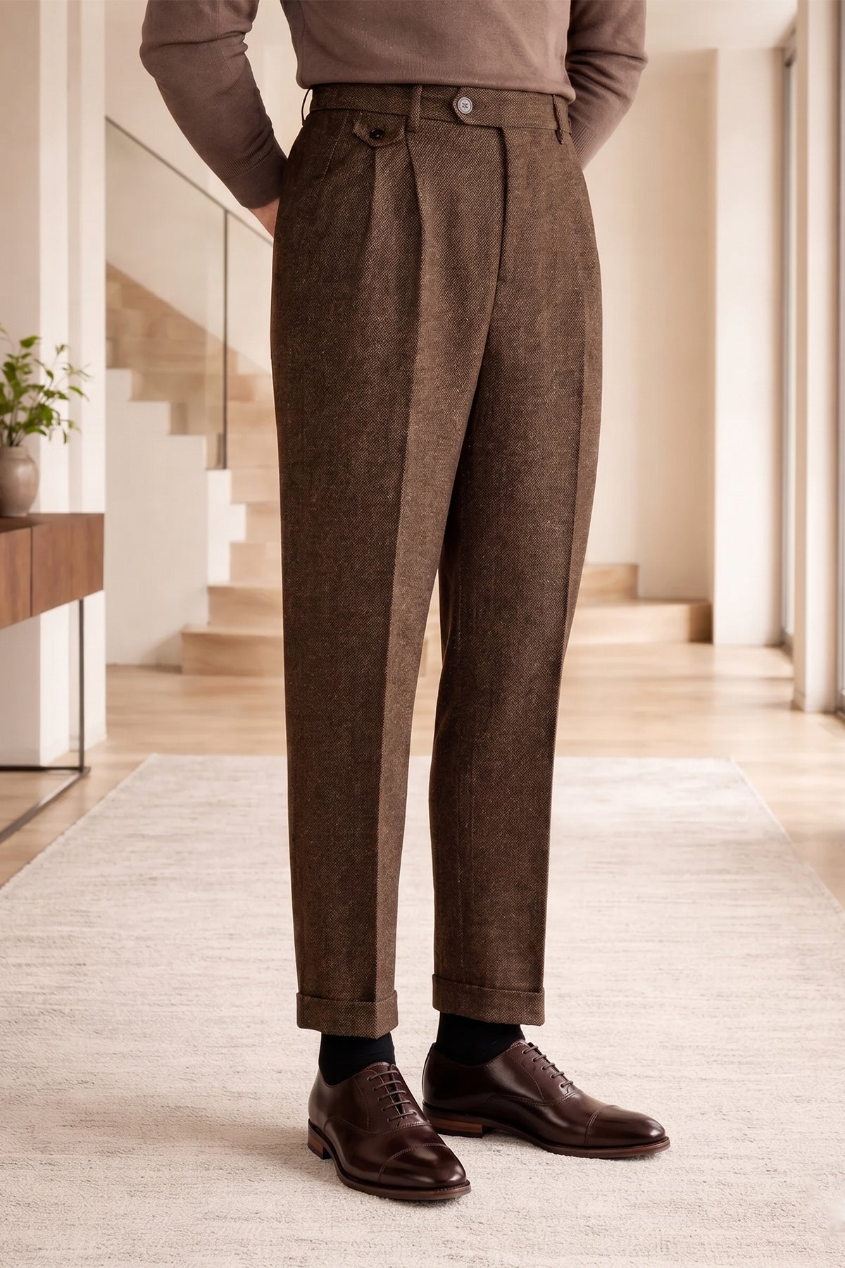 Model wearing Wilson brown leather Oxford shoes for men with five-eyelet toecap design, showcasing timeless elegance and polished craftsmanship