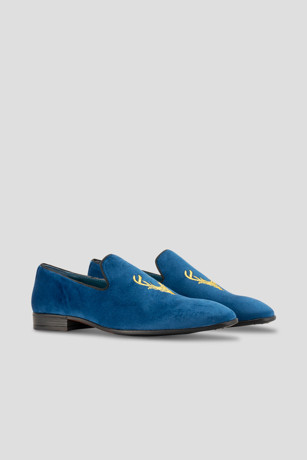 Stag Navy velvet smoking slippers for men, featuring plush velvet material and classic loafer style for elegant formal wear.