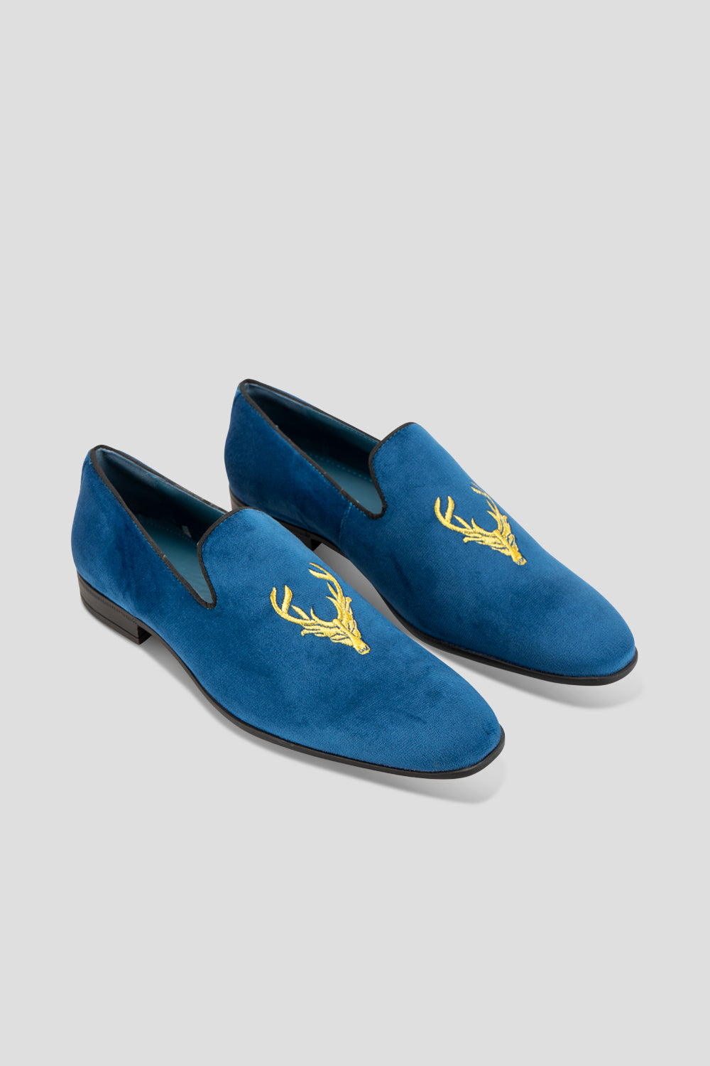 Stag Navy velvet smoking slippers for men, featuring plush velvet material and classic loafer style for elegant formal wear.