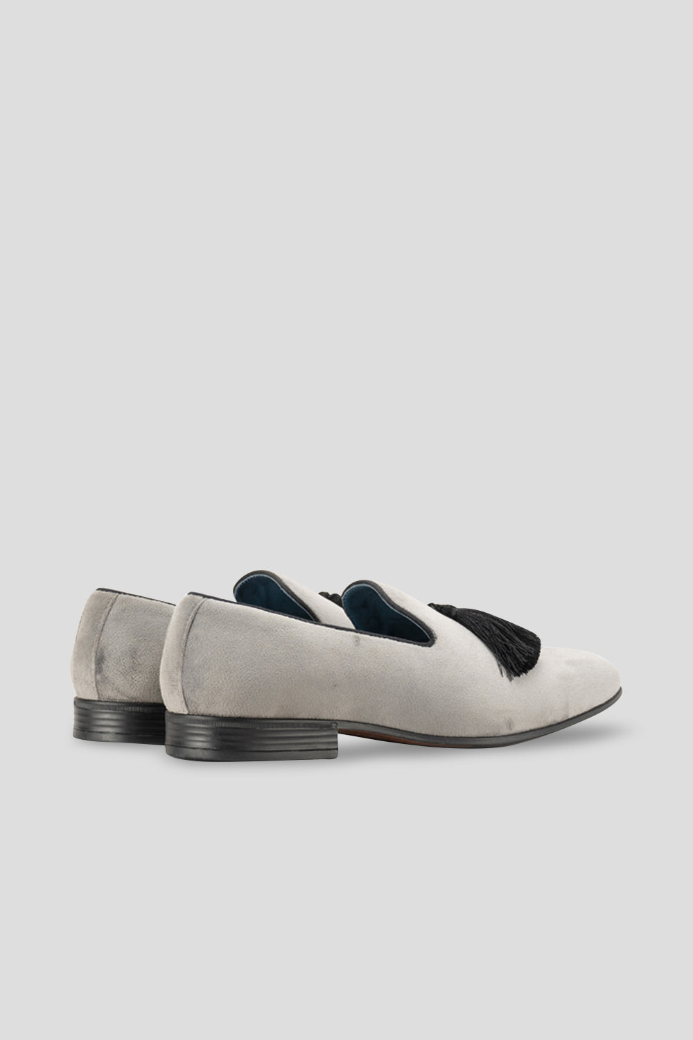 Jacob grey velvet tassel smoking slippers for men, elegant evening loafers with luxurious finish and classic tassel detail.