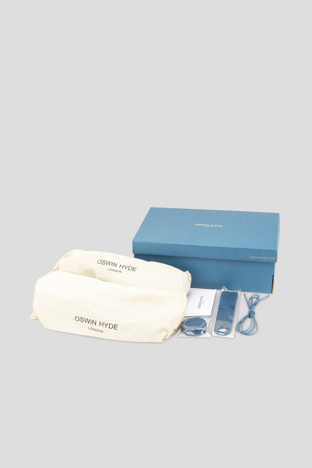 Oswin Hyde shoe box shoe polish blue laces shoe bags shoe horn